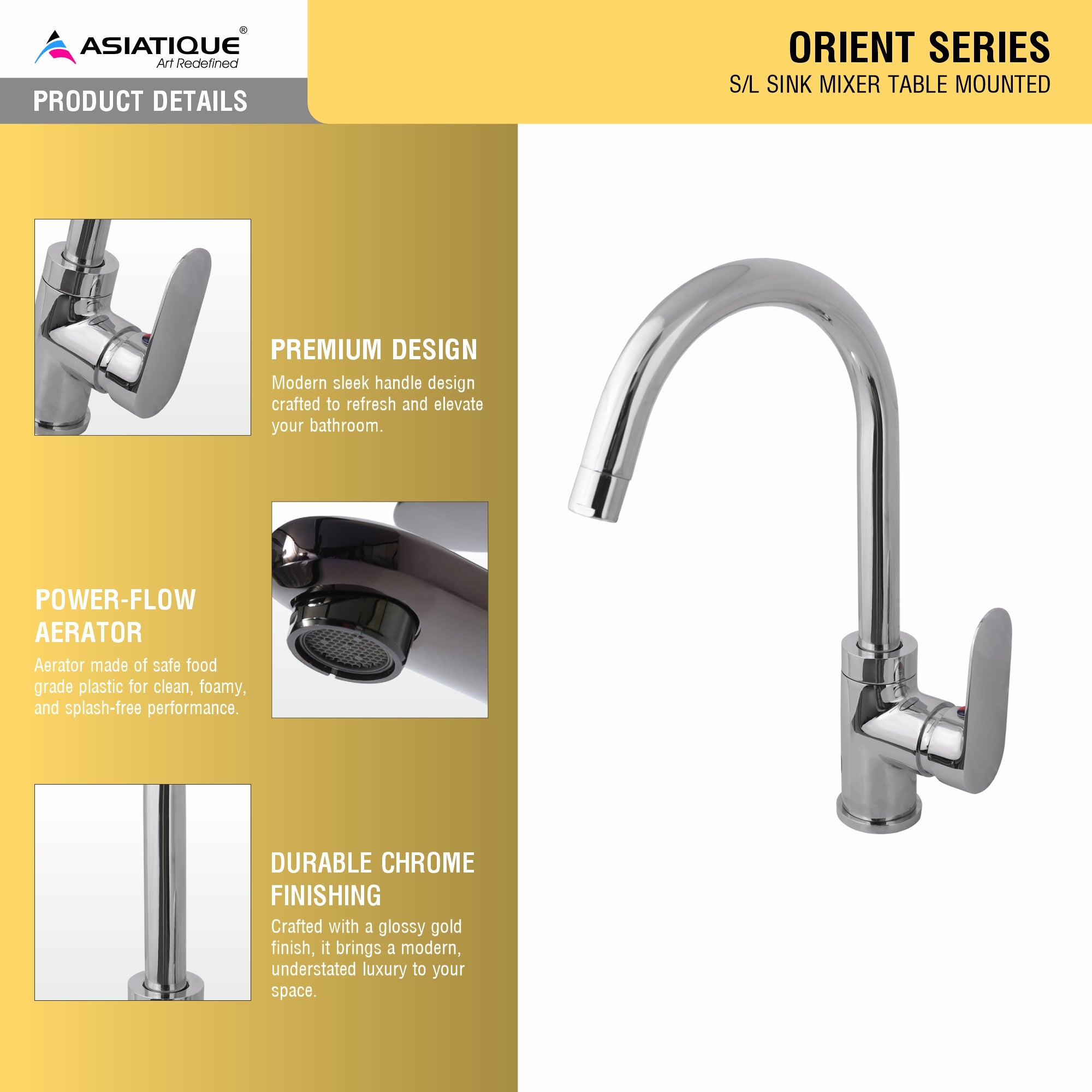 Asiatique S/L Sink Mixer Table Mounted (O-027), Orient Series Premium Brass Bathroom & Kitchen Faucet Collection