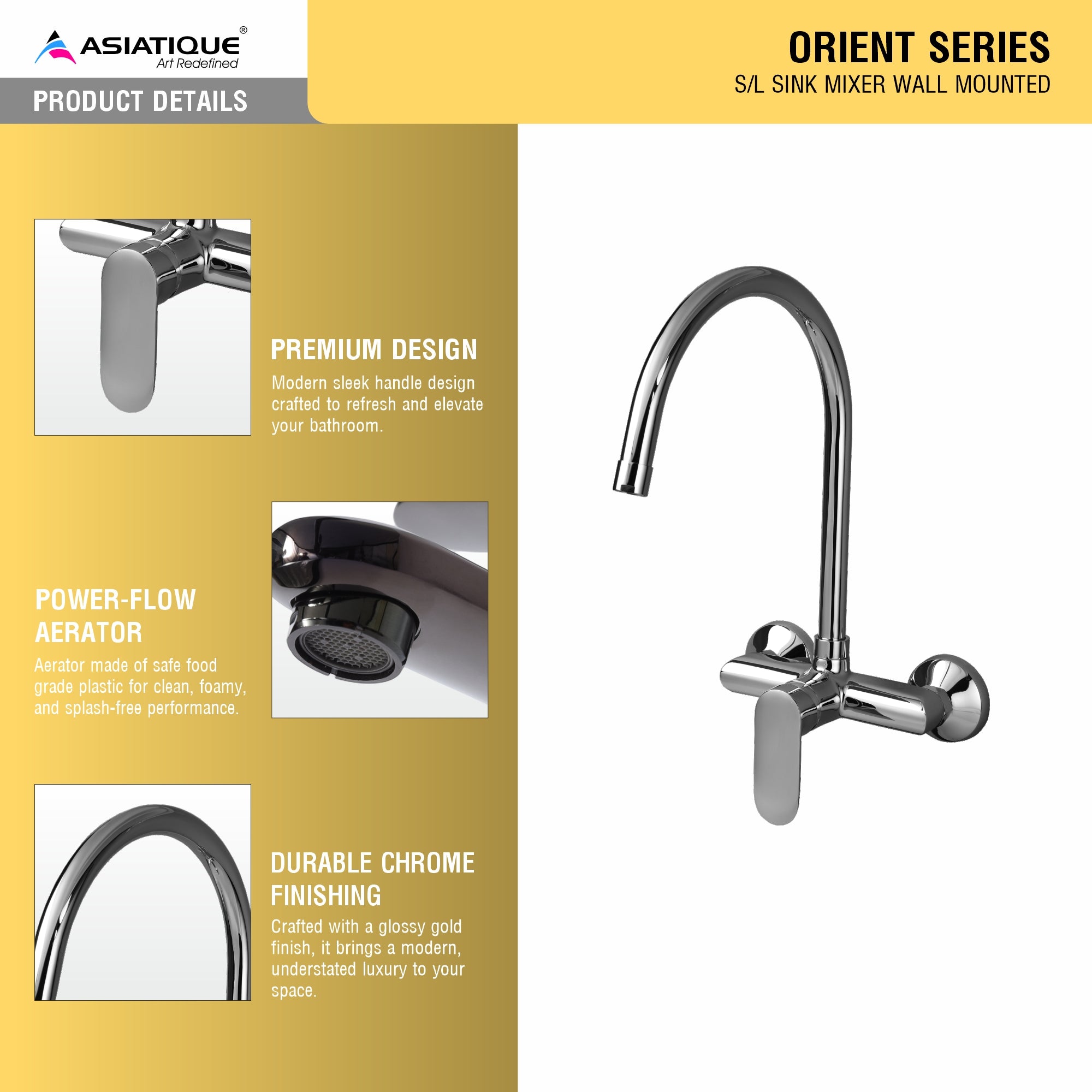 Asiatique S/L Sink Mixer Wall Mounted (O-031), Orient Series Premium Brass Bathroom & Kitchen Faucet Collection