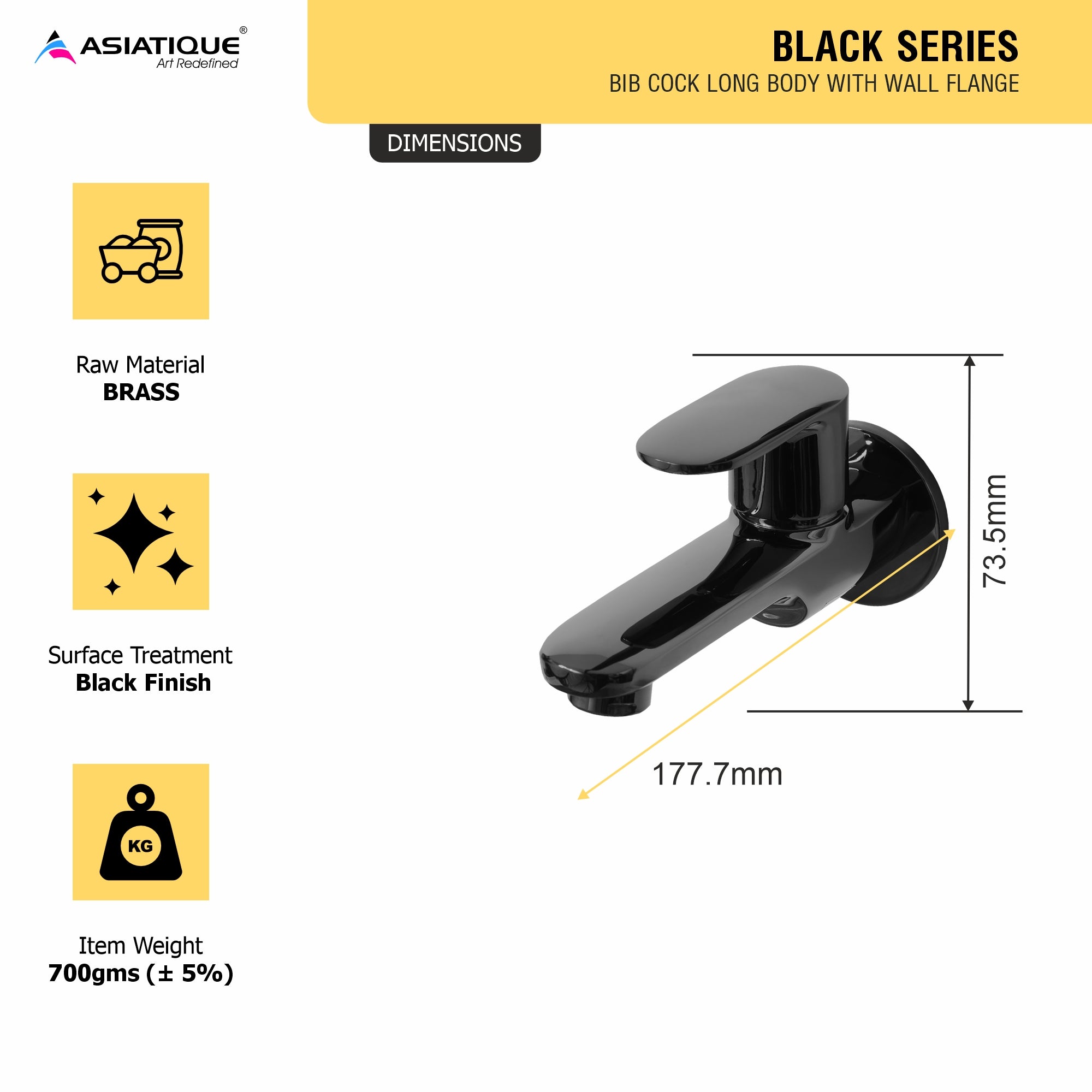 Asiatique Bib Cock Long Body With Wall Flange (OB-004) | Black Series Premium Brass Bathroom Faucets & CP Fittings | Matte Black Designer Collection