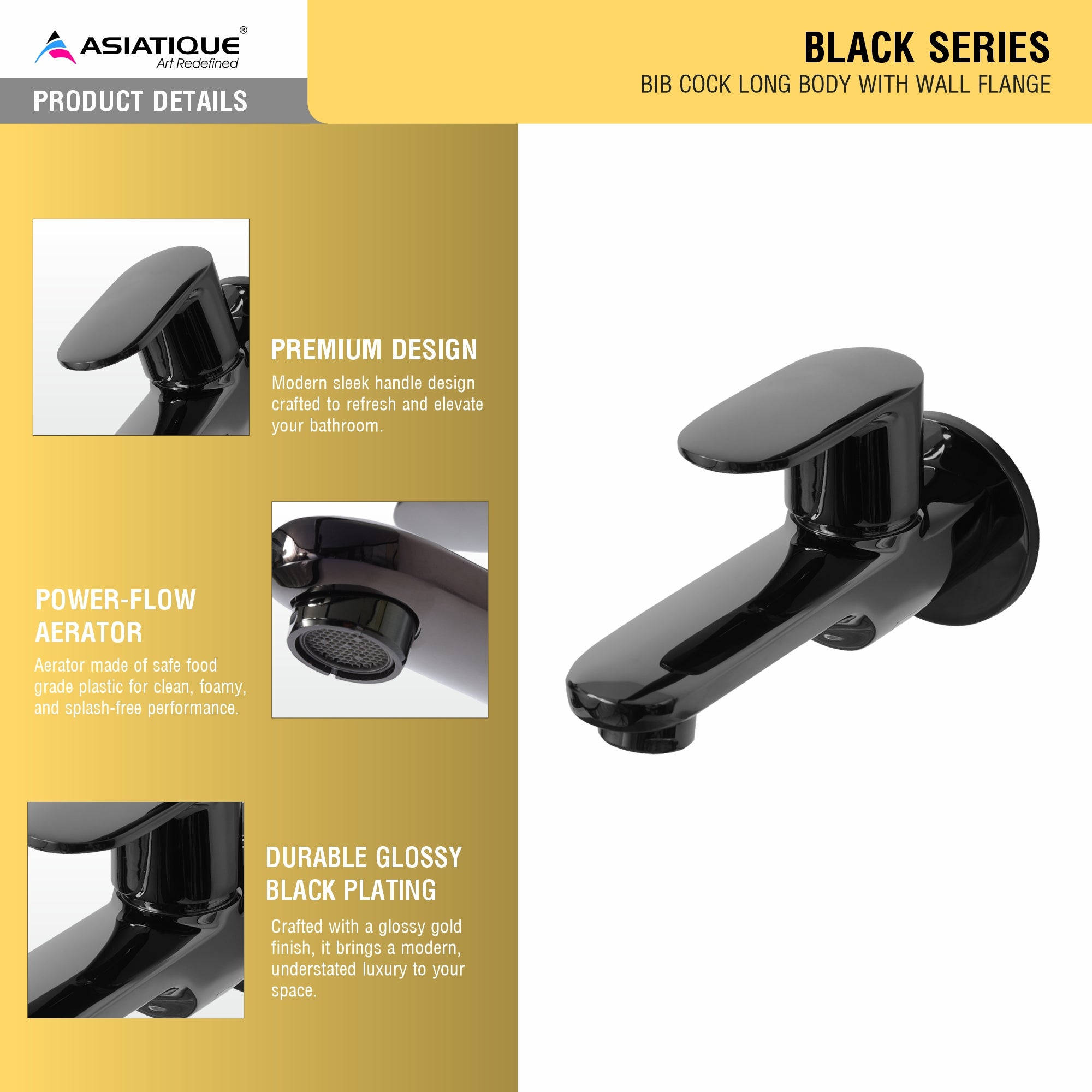 Asiatique Bib Cock Long Body With Wall Flange (OB-004) | Black Series Premium Brass Bathroom Faucets & CP Fittings | Matte Black Designer Collection