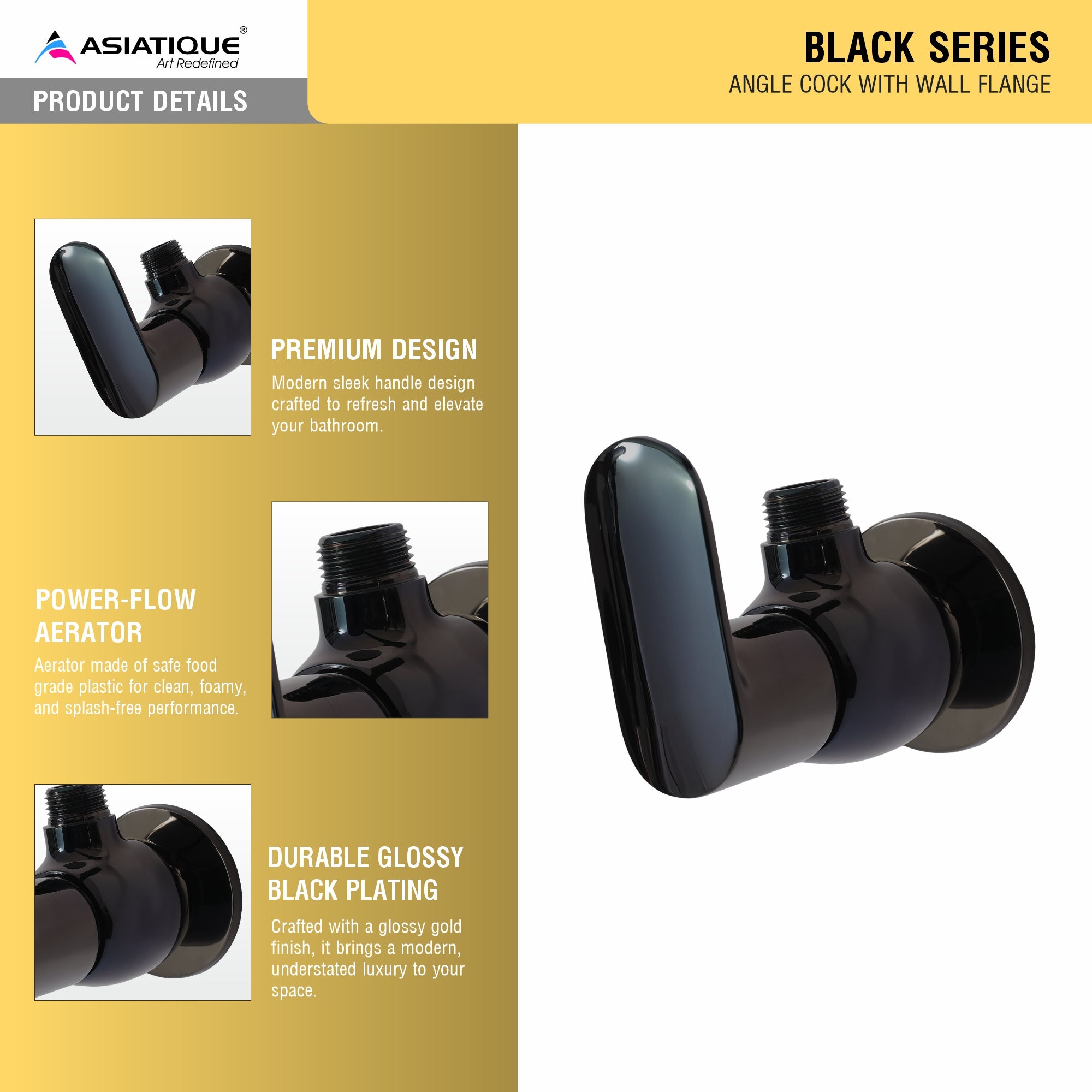 Asiatique Angle Cock With Wall Flange (OB-005) | Black Series Premium Brass Bathroom Faucets & CP Fittings | Matte Black Designer Collection