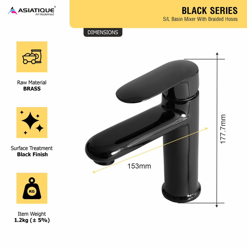 Asiatique S/L Basin Mixer With Braided Hoses (OB-009) | Black Series Premium Brass Bathroom Faucets & CP Fittings | Matte Black Designer Collection