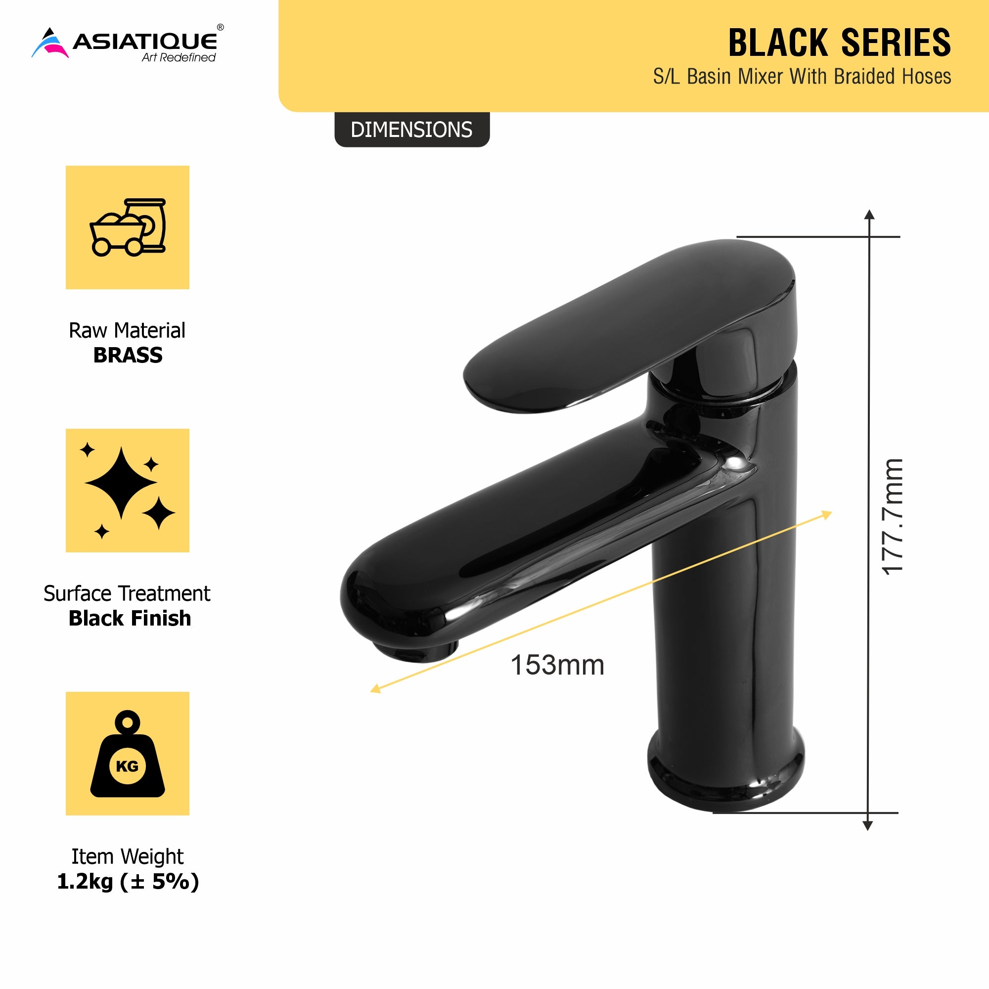 Asiatique S/L Basin Mixer With Braided Hoses (OB-009) | Black Series Premium Brass Bathroom Faucets & CP Fittings | Matte Black Designer Collection