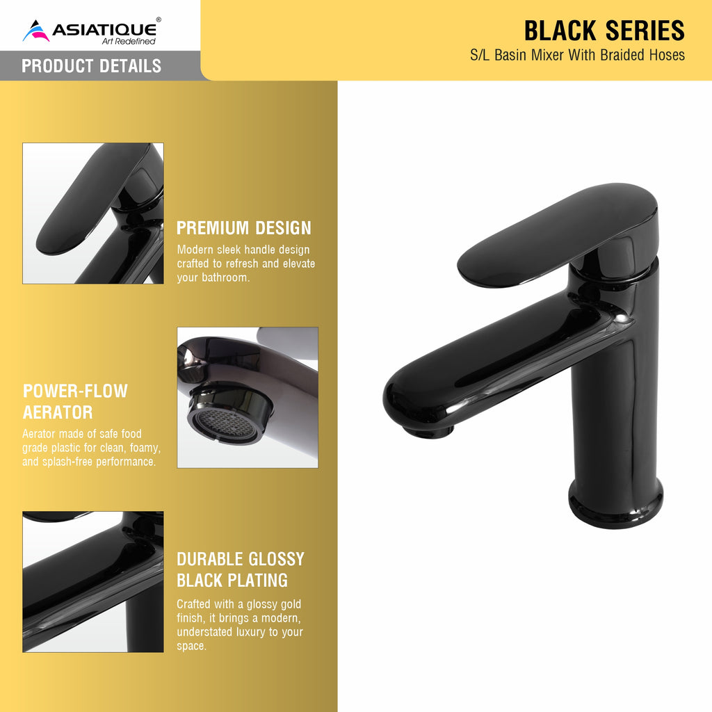 Asiatique S/L Basin Mixer With Braided Hoses (OB-009) | Black Series Premium Brass Bathroom Faucets & CP Fittings | Matte Black Designer Collection