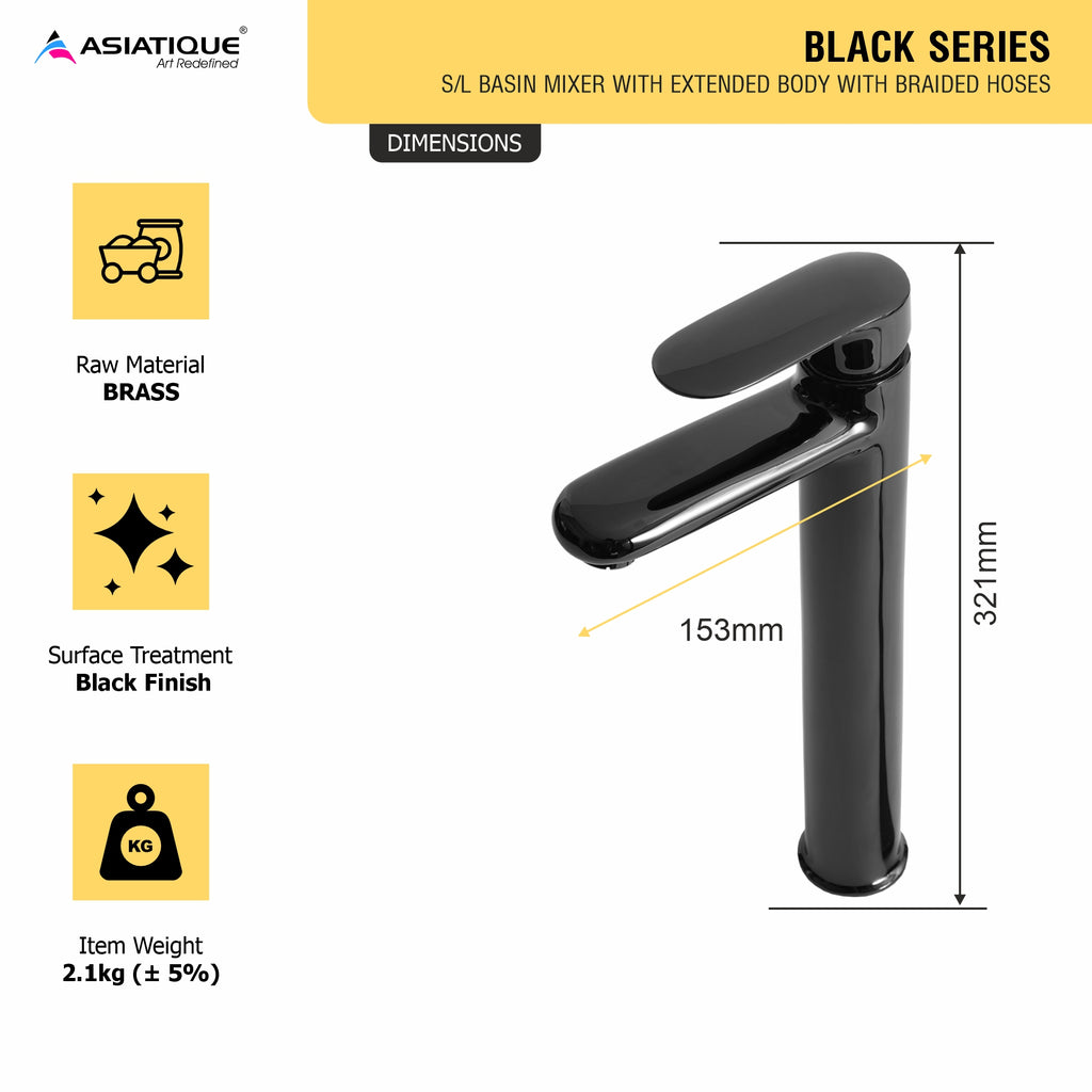 Asiatique S/L Basin Mixer With Extended Body With Braided Hoses (OB-009EX) | Black Series Premium Brass Bathroom Faucets & CP Fittings | Matte Black Designer Collection