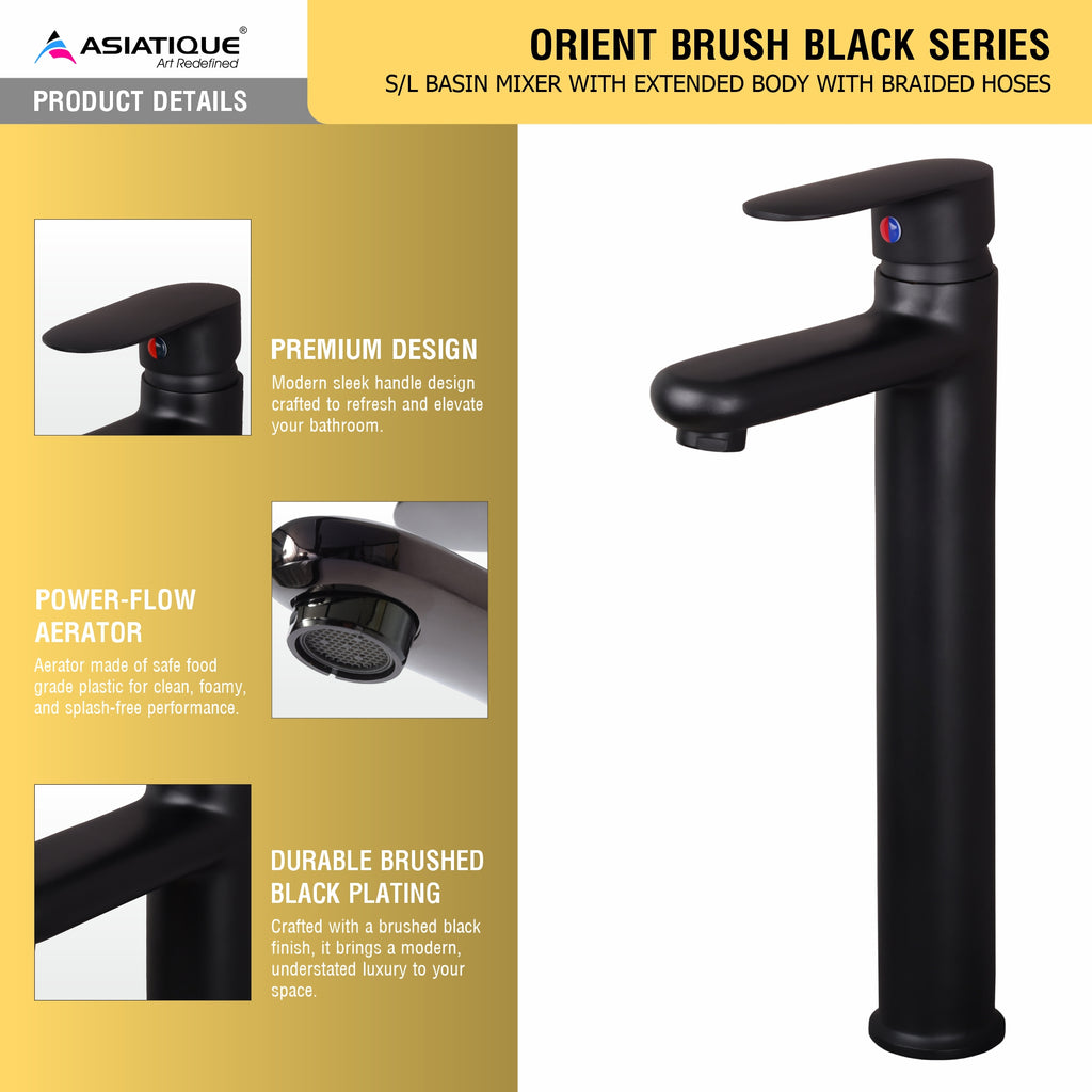 Asiatique Orient Brush Black Series – S/L Basin Mixer With Extended Body With Braided Hoses (OB-009EX M)