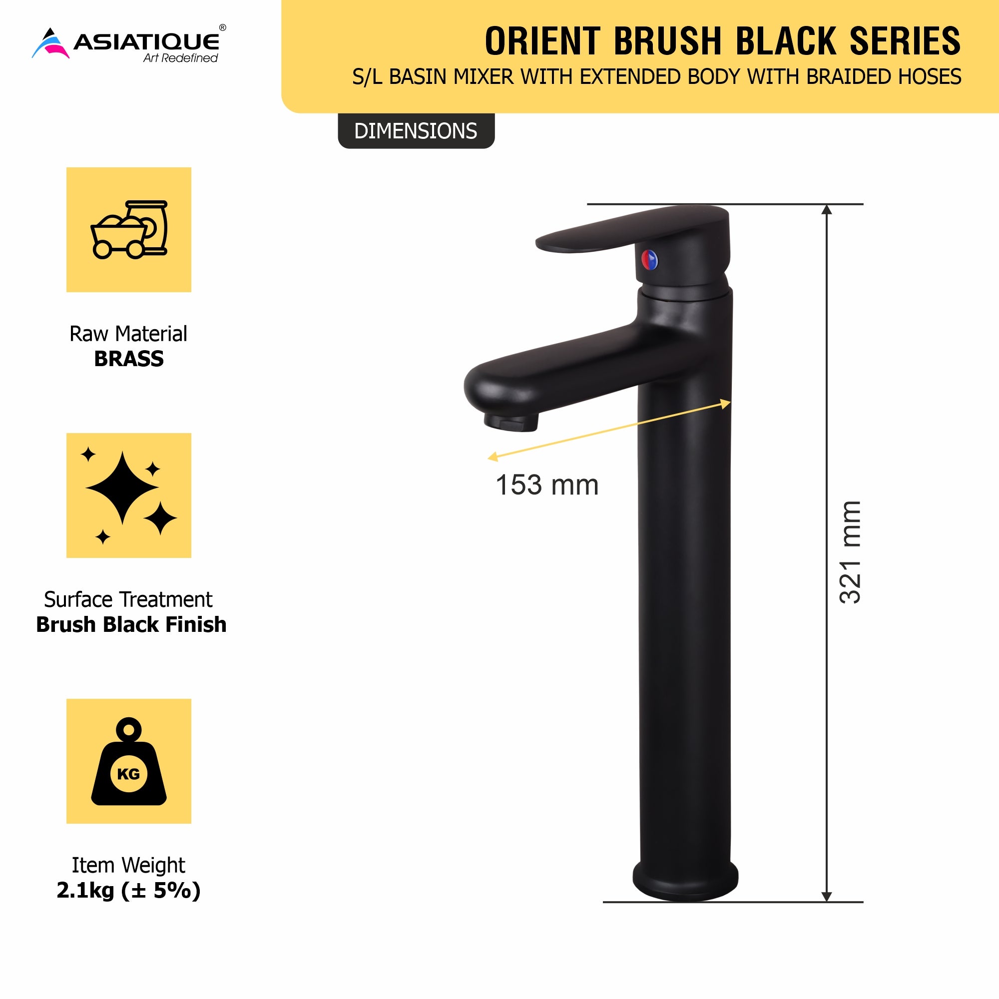Asiatique Orient Brush Black Series – S/L Basin Mixer With Extended Body With Braided Hoses (OB-009EX M)