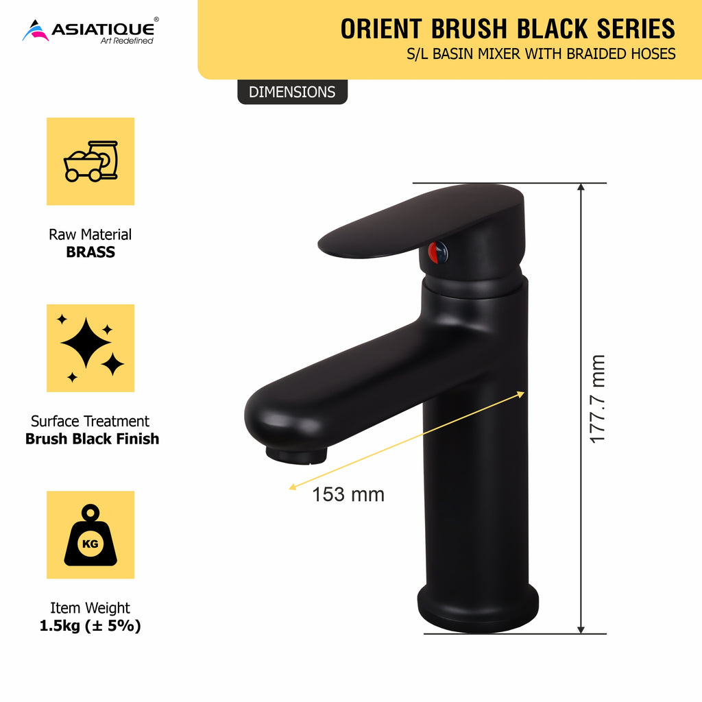 Asiatique S/L Basin Mixer with Braided Hoses | Orient Brush Black Series | OB-009M