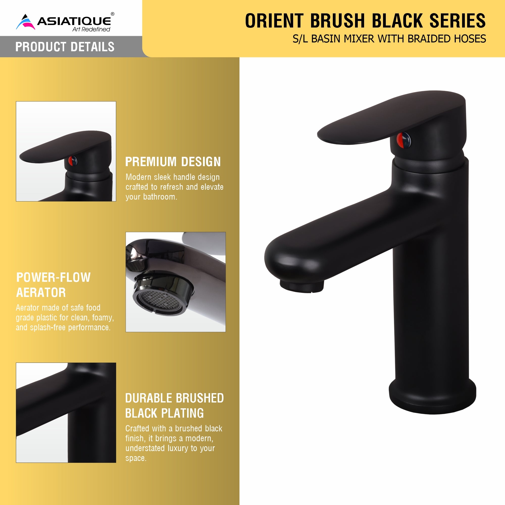 Asiatique S/L Basin Mixer with Braided Hoses | Orient Brush Black Series | OB-009M