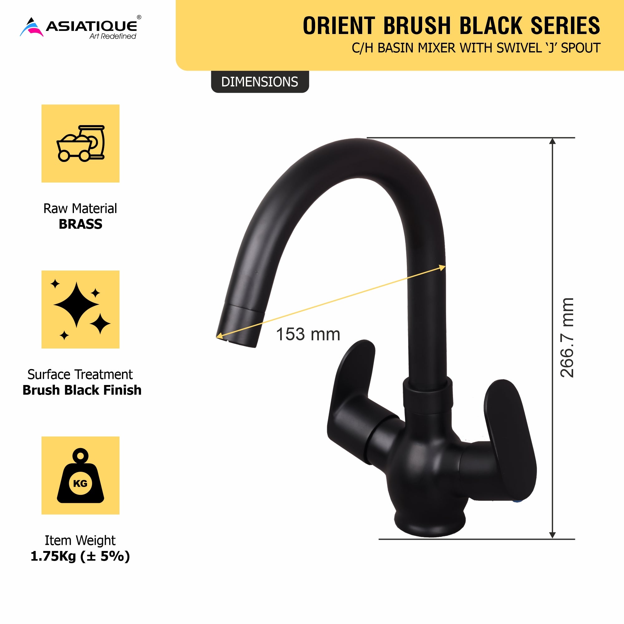 Asiatique C/H Basin Mixer with Swivel ‘J’ Spout | Orient Brush Black Series | OB-011 M