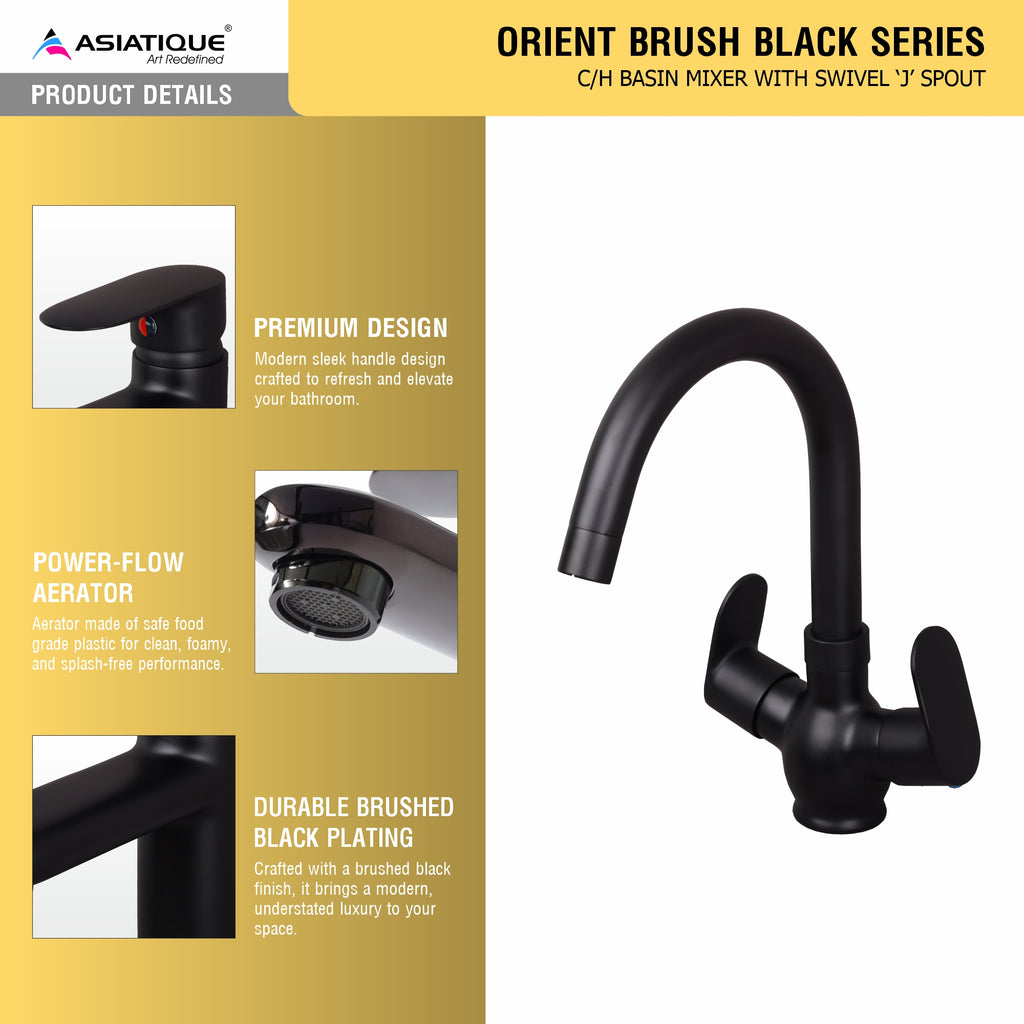 Asiatique C/H Basin Mixer with Swivel ‘J’ Spout | Orient Brush Black Series | OB-011 M