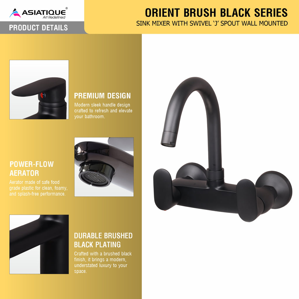 Asiatique Orient Brush Black Series – Sink Mixer With Swivel ‘J’ Spout Wall Mounted (OB-013 M)