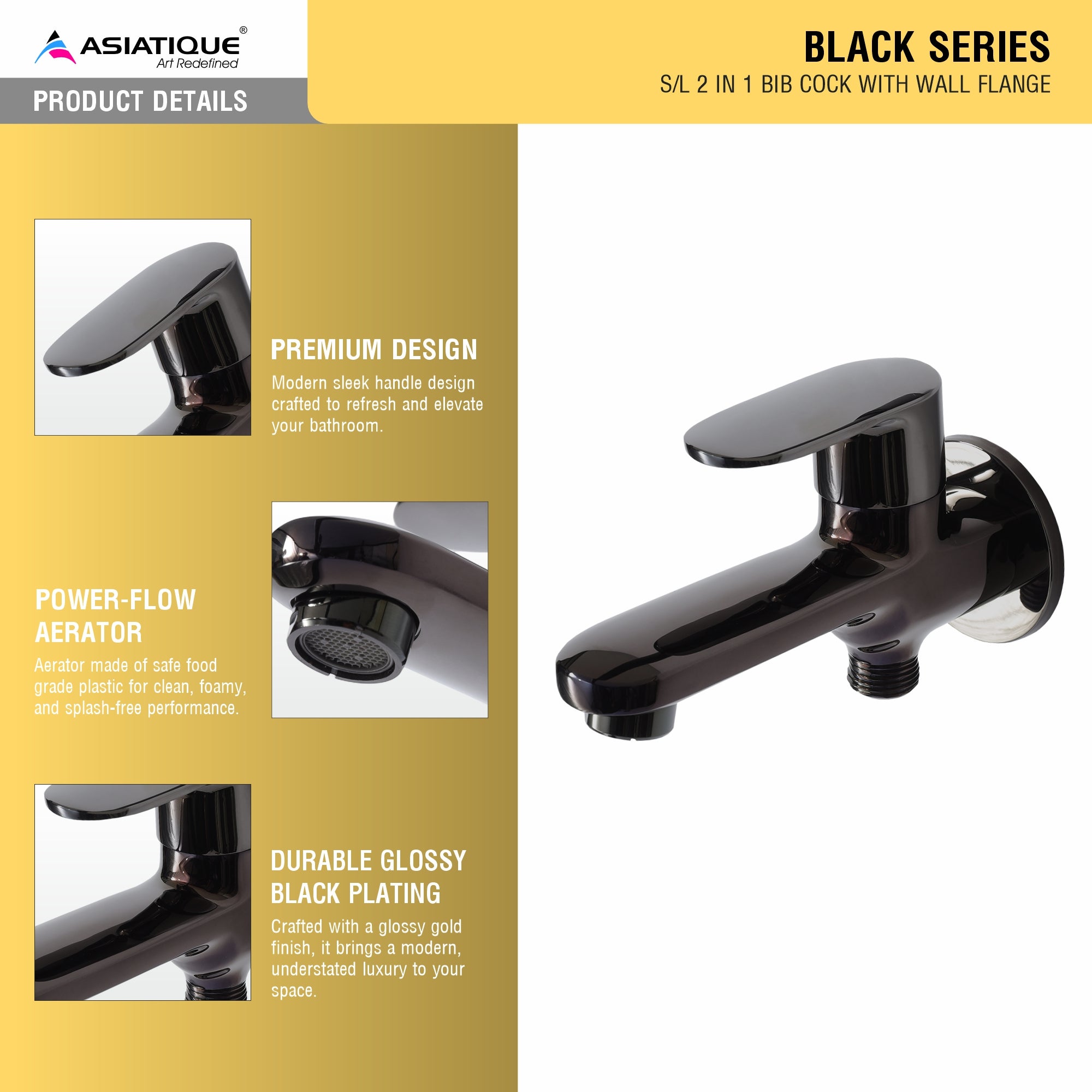 Asiatique S/L 2 in 1 Bib Cock With Wall Flange (OB-015 S/L) | Black Series Premium Brass Bathroom Faucets & CP Fittings | Matte Black Designer Collection