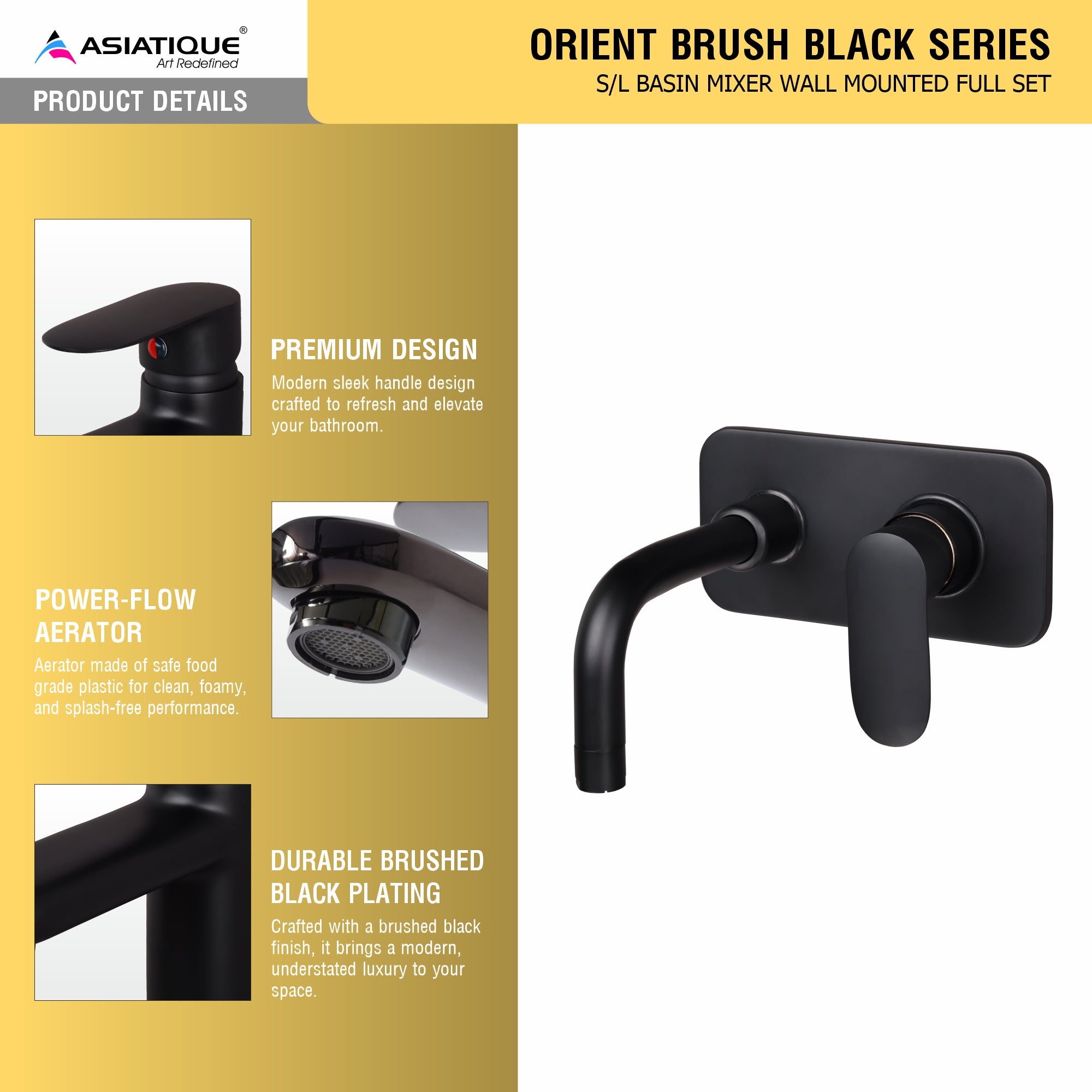 Orient Brush Black Series – S/L Basin Mixer Wall Mounted Full Set (OB-019 M)