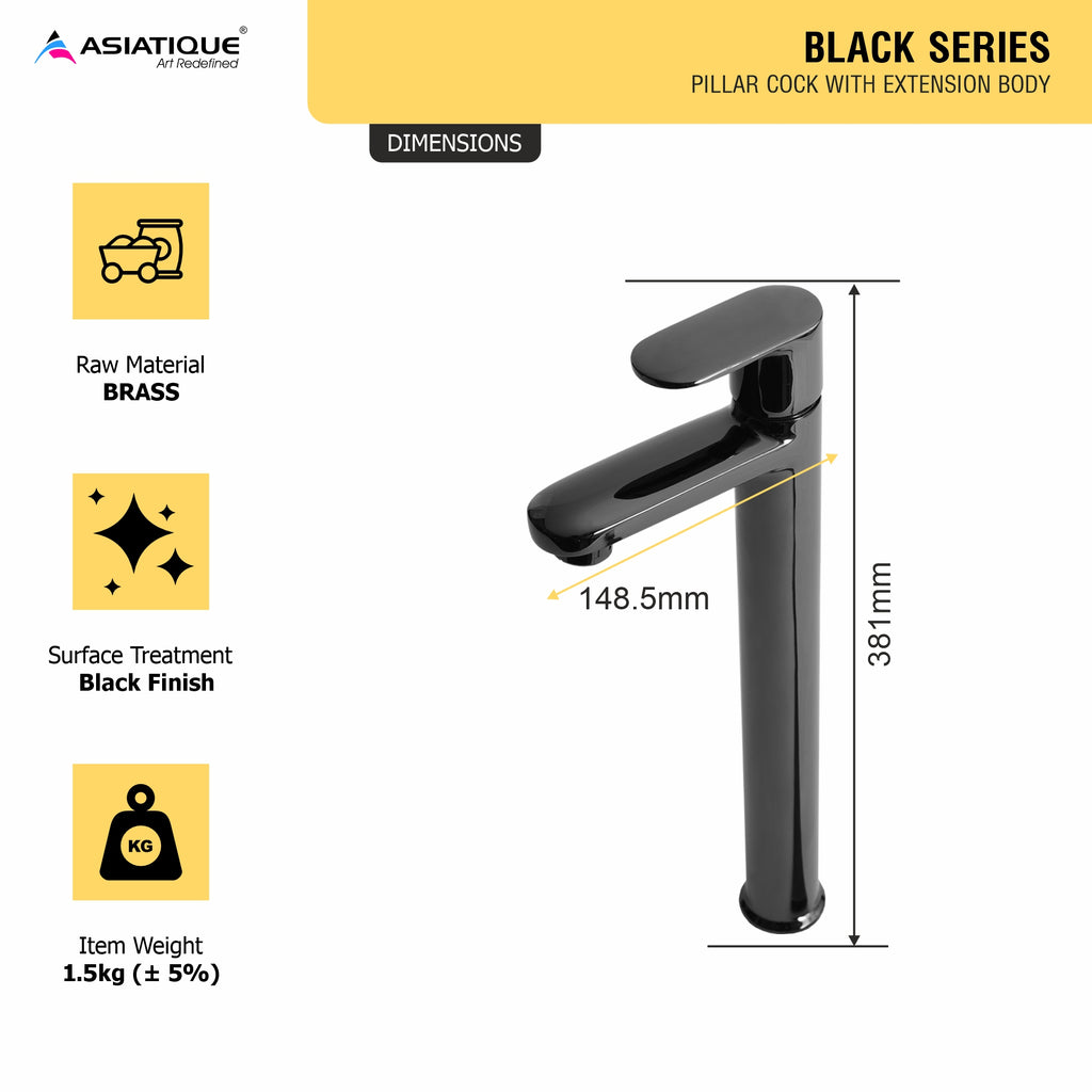 Asiatique Pillar Cock With Extension Body (OB-023) | Black Series Premium Brass Bathroom Faucets & CP Fittings | Matte Black Designer Collection