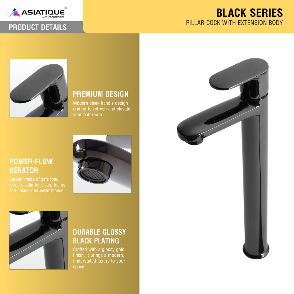 Asiatique Pillar Cock With Extension Body (OB-023) | Black Series Premium Brass Bathroom Faucets & CP Fittings | Matte Black Designer Collection