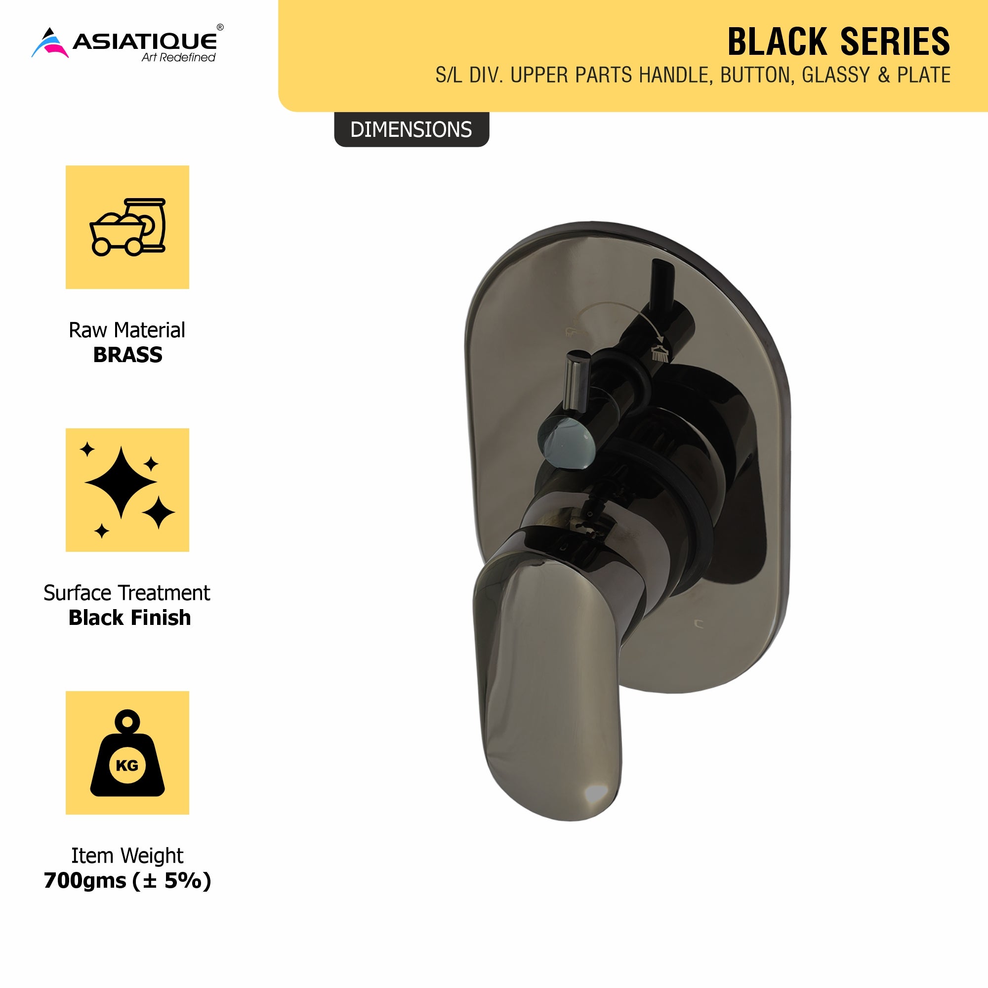 Asiatique S/L Div. Upper Parts Handle, Button, Glassy & Plate (OB-024) | Black Series Premium Brass Bathroom Faucets & CP Fittings | Matte Black Designer Collection