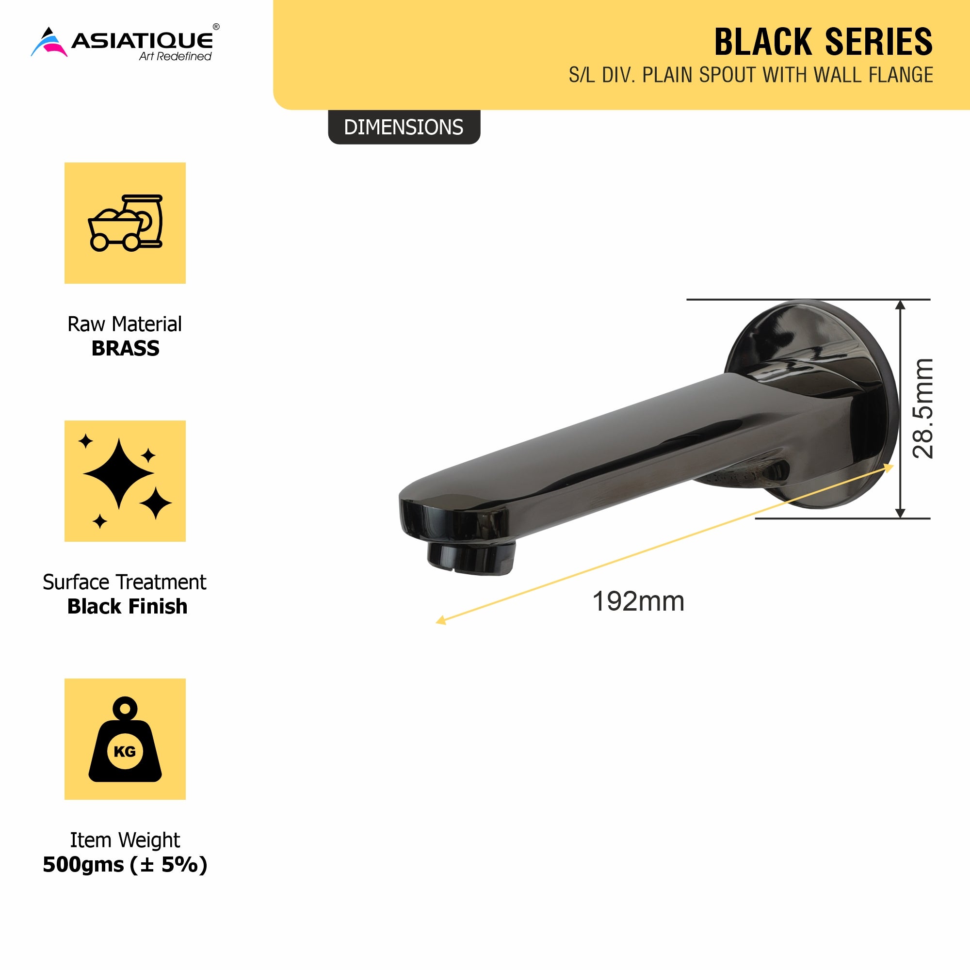 Asiatique S/L Div. Plain Spout With Wall Flange (OB-025) | Black Series Premium Brass Bathroom Faucets & CP Fittings | Matte Black Designer Collection