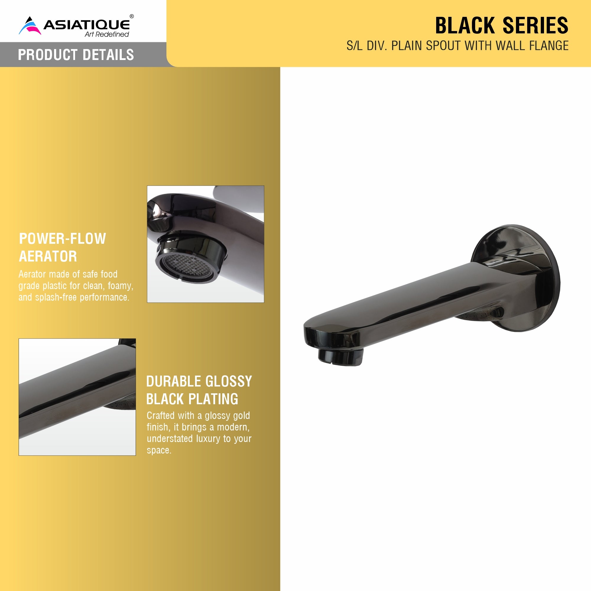 Asiatique S/L Div. Plain Spout With Wall Flange (OB-025) | Black Series Premium Brass Bathroom Faucets & CP Fittings | Matte Black Designer Collection