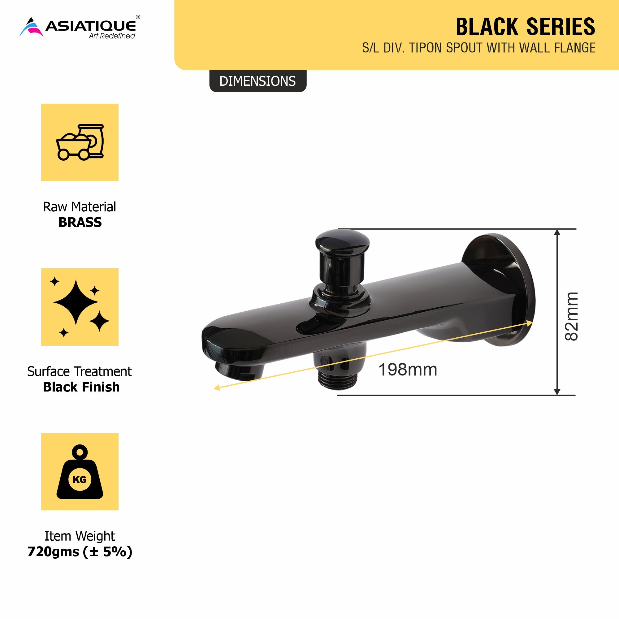 Asiatique S/L Div. Tipon Spout With Wall Flange (OB-026) | Black Series Premium Brass Bathroom Faucets & CP Fittings | Matte Black Designer Collection
