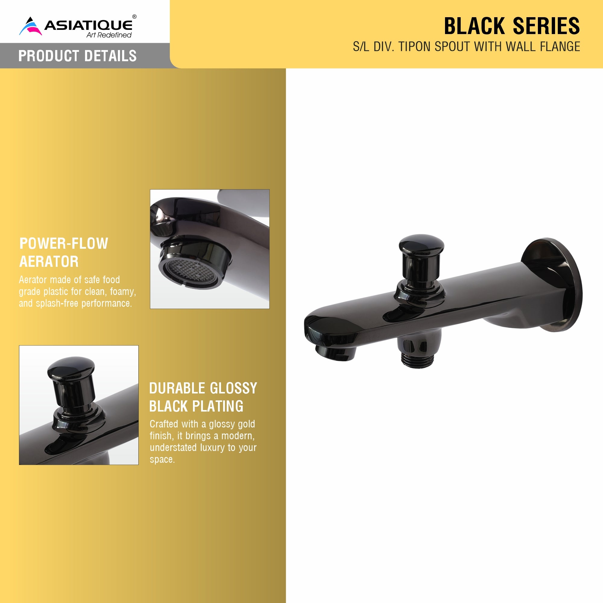 Asiatique S/L Div. Tipon Spout With Wall Flange (OB-026) | Black Series Premium Brass Bathroom Faucets & CP Fittings | Matte Black Designer Collection