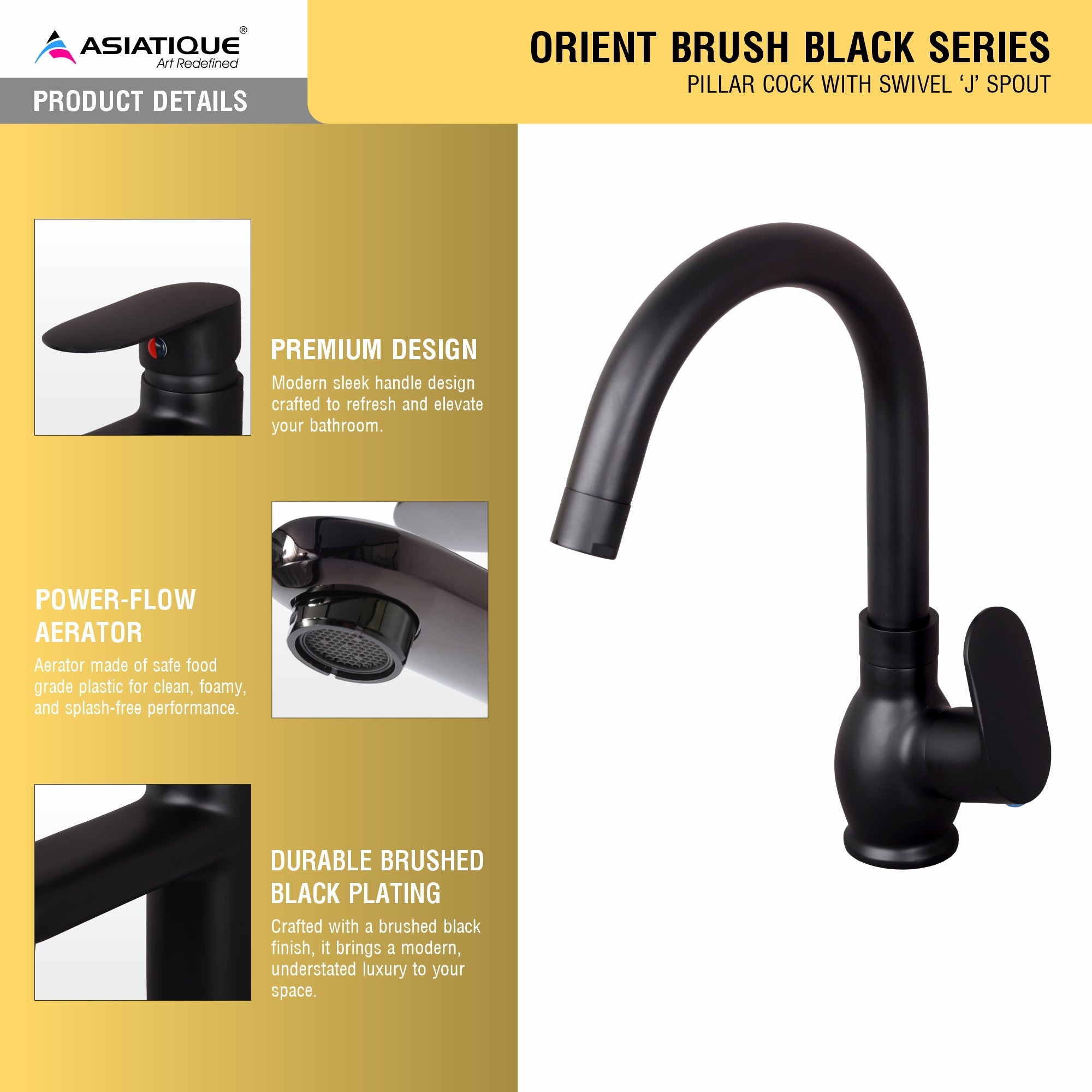 Asiatique Pillar Cock With Swivel ‘J’ Spout | Orient Brush Black Series | OB-002M