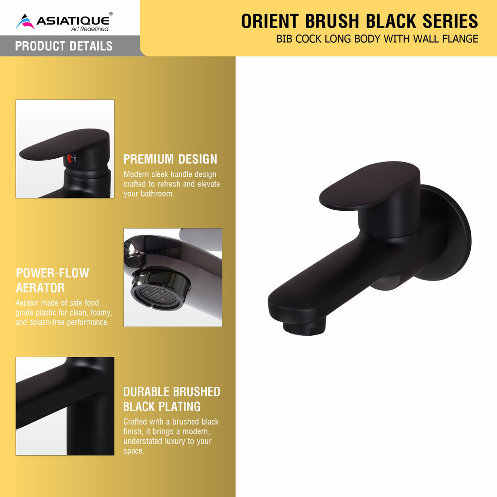 Asiatique Bib Cock Long Body With Wall Flange | Orient Brush Black Series | OB-004M
