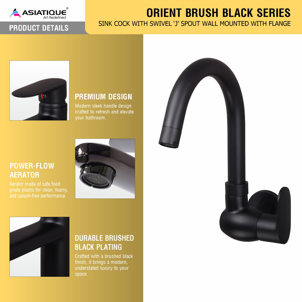 Asiatique Orient Brush Black Series – Sink Cock With Swivel ‘J’ Spout Wall Mounted With Flange (OB-008 M)