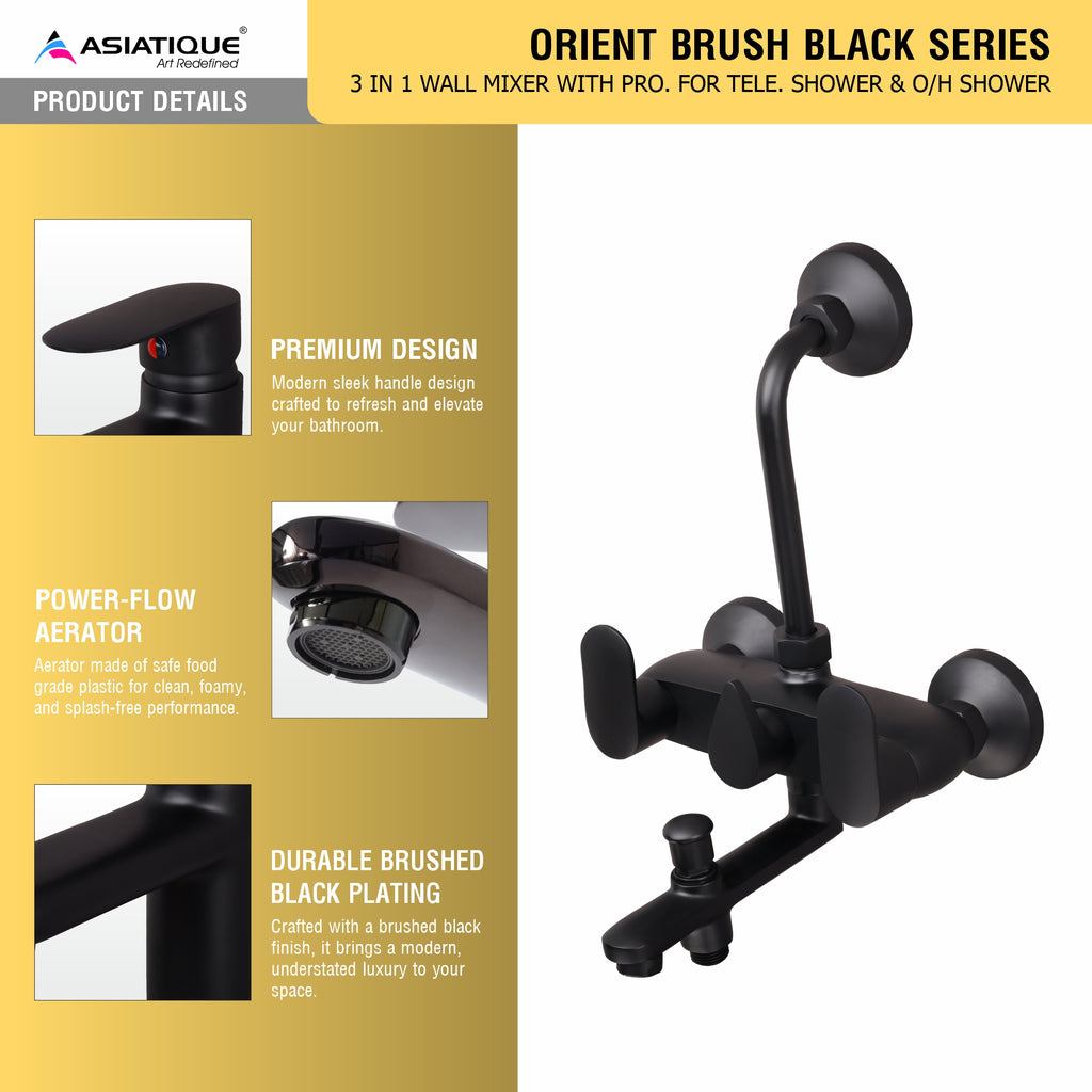 Asiatique Orient Brush Black Series – 3 in 1 Wall Mixer With Pro. For Tele. Shower & O/H Shower (OB-018 M)