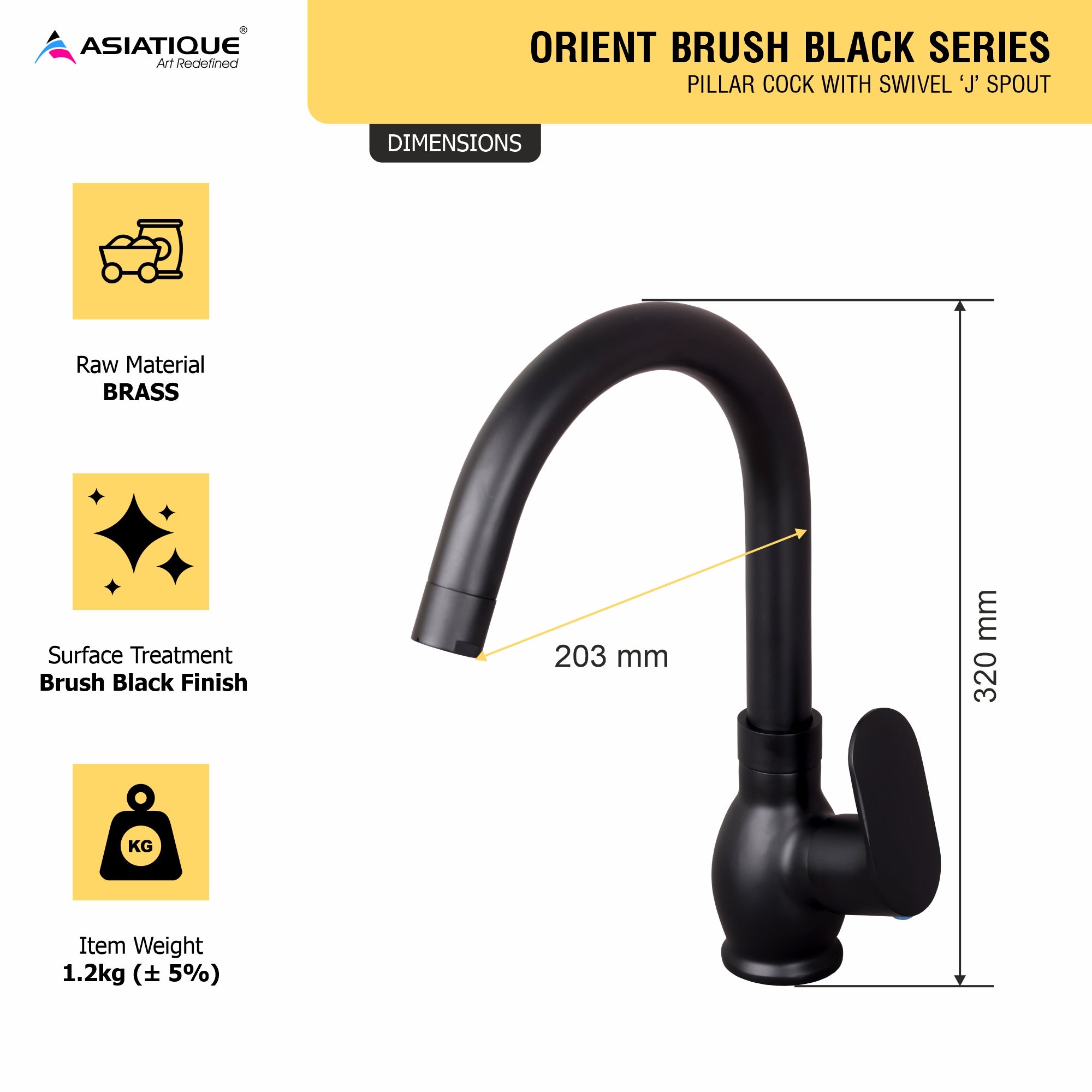 Asiatique Pillar Cock With Swivel ‘J’ Spout | Orient Brush Black Series | OB-002M