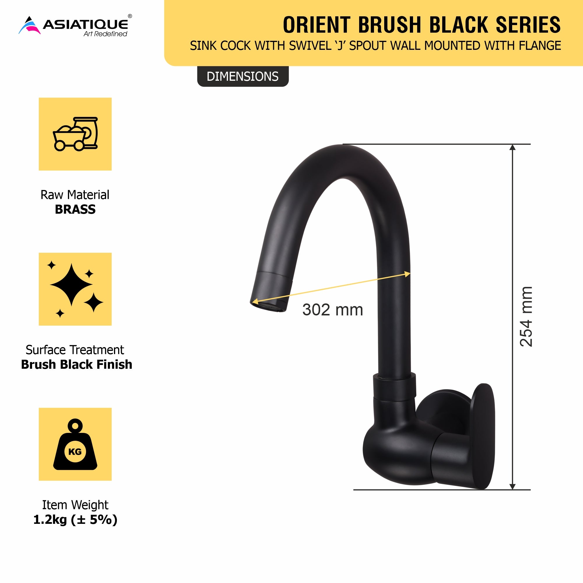 Asiatique Orient Brush Black Series – Sink Cock With Swivel ‘J’ Spout Wall Mounted With Flange (OB-008 M)