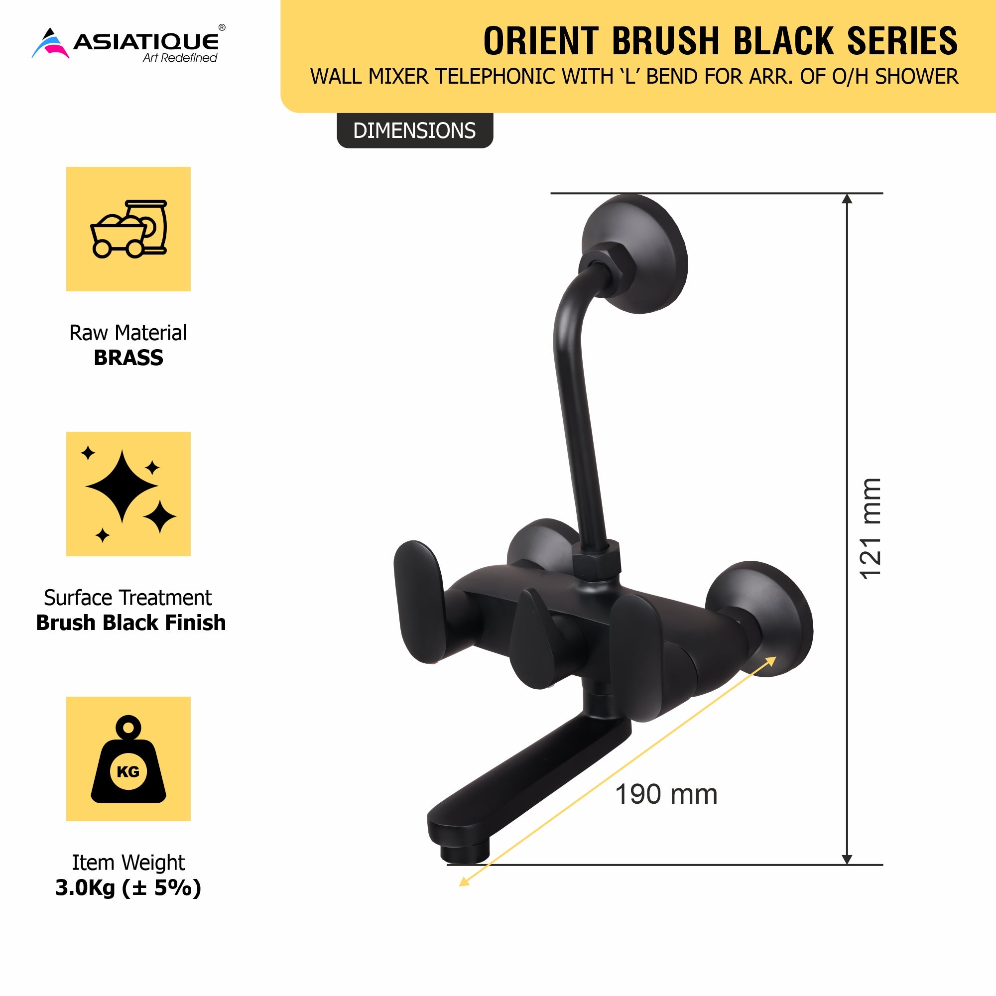 Asiatique Orient Brush Black Series – Wall Mixer Telephonic With ‘L’ Bend for ARR. Of O/H Shower (OB-017 M)
