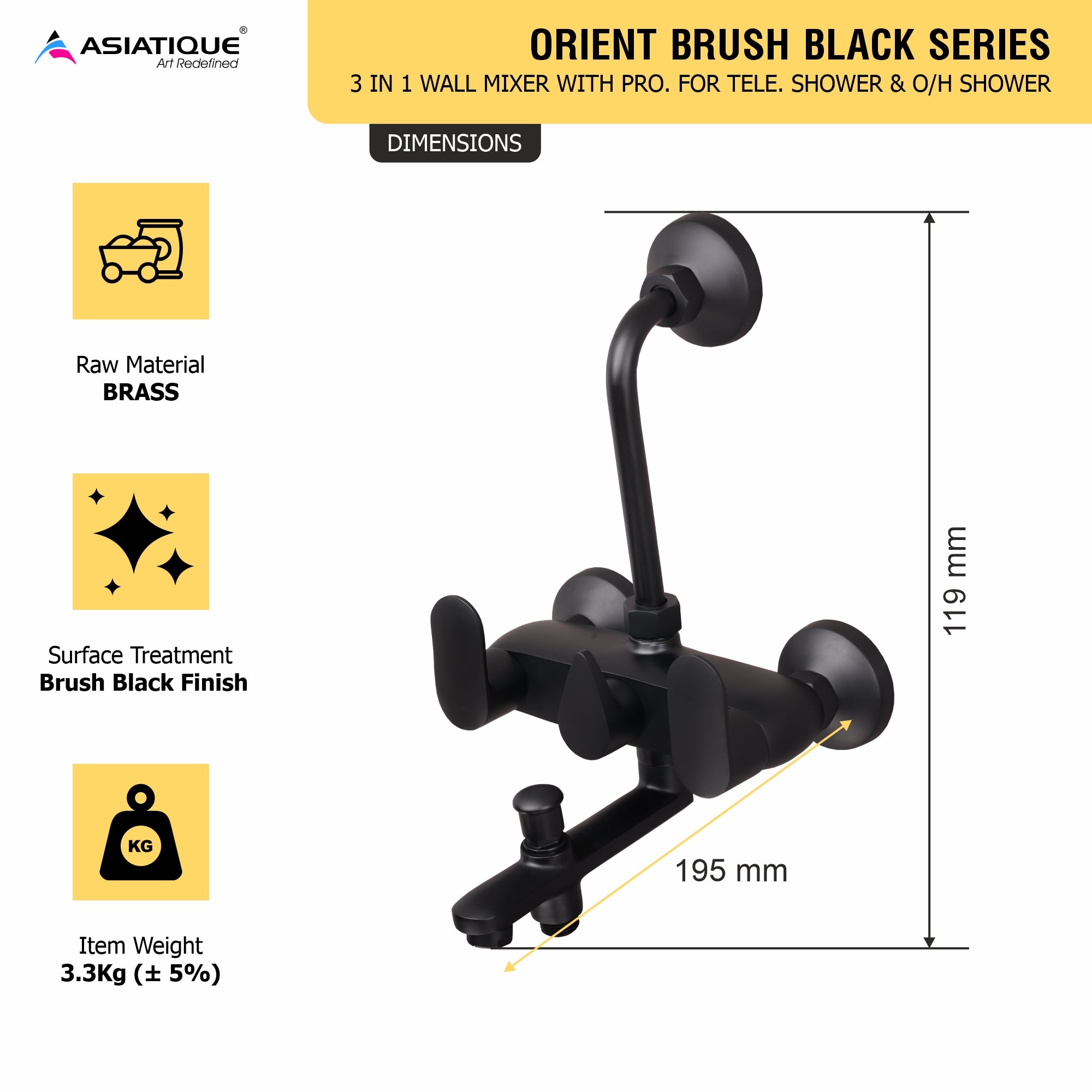 Asiatique Orient Brush Black Series – 3 in 1 Wall Mixer With Pro. For Tele. Shower & O/H Shower (OB-018 M)