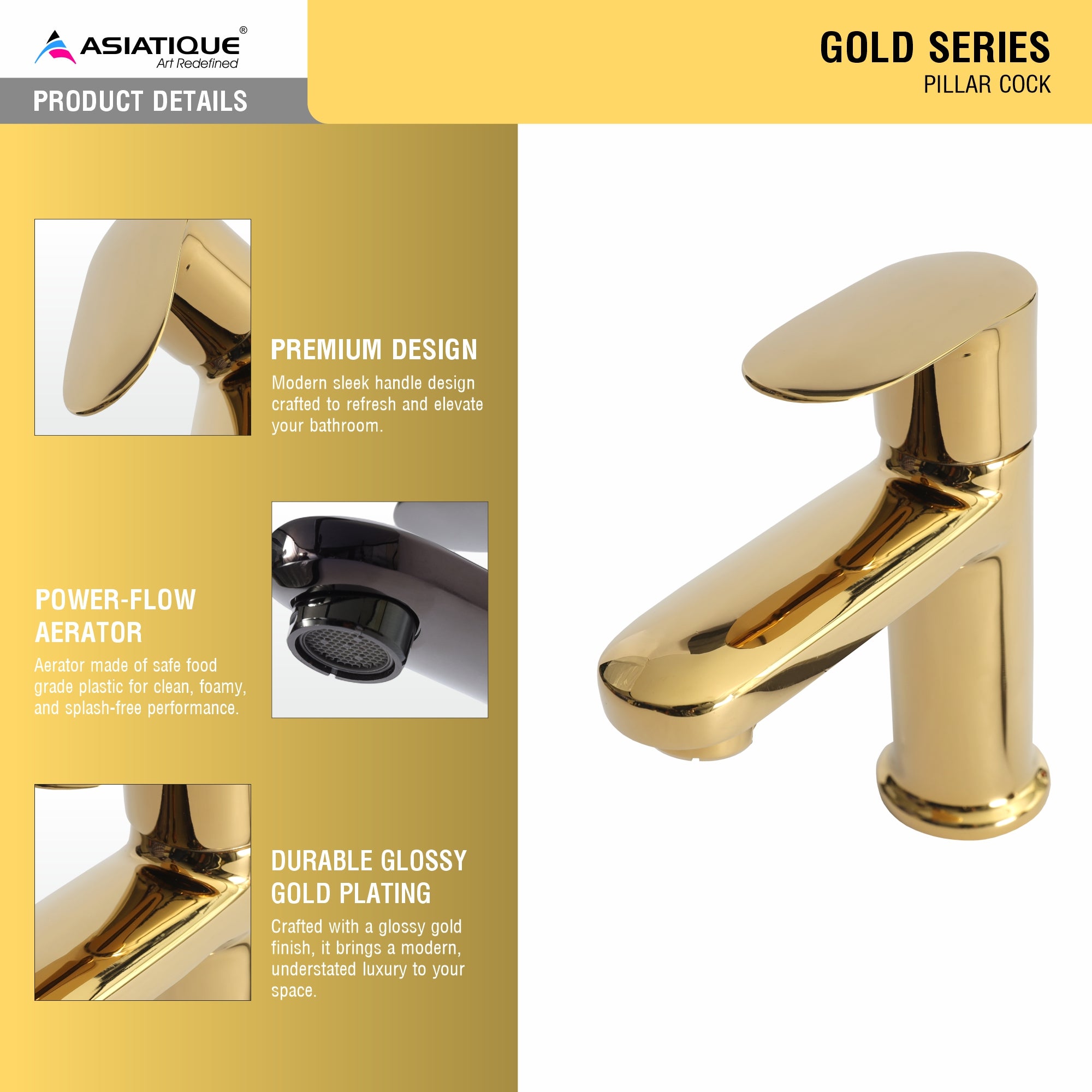 Asiatique Pillar Cock (OG-000), Gold Series Premium Brass Faucets – Gold Finish Bathroom & Kitchen Taps
