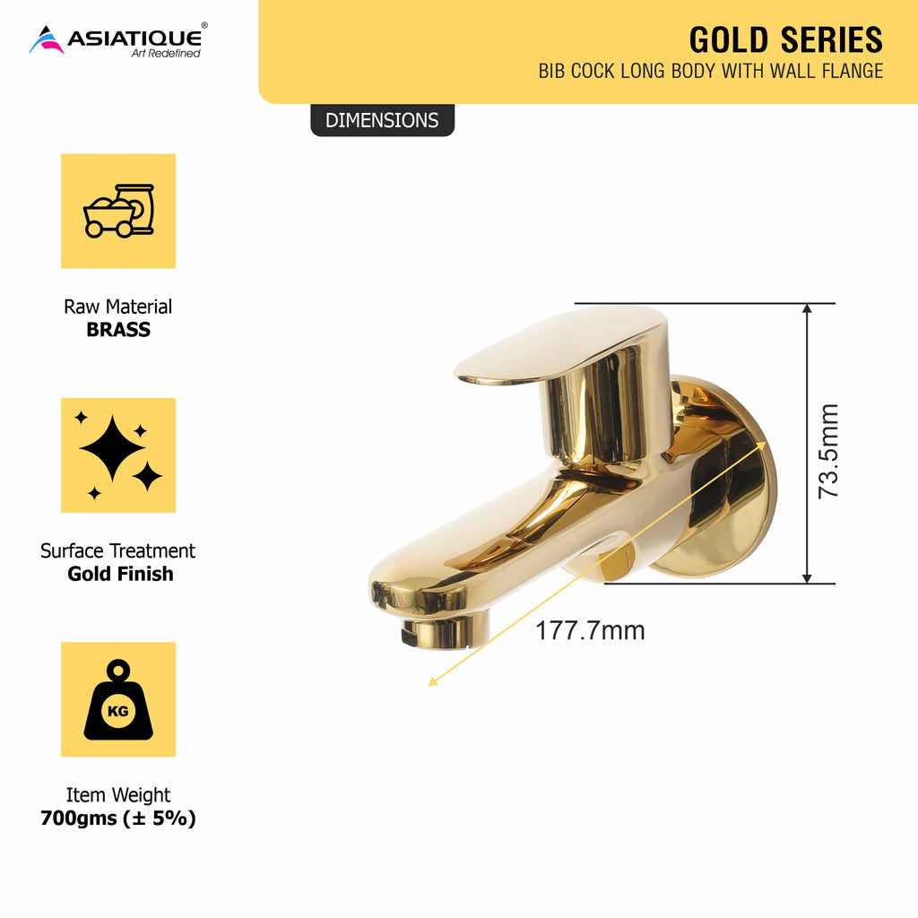 Asiatique Bib Cock Long Body With Wall Flange (OG-004), Gold Series Premium Brass Faucets – Gold Finish Bathroom & Kitchen Taps