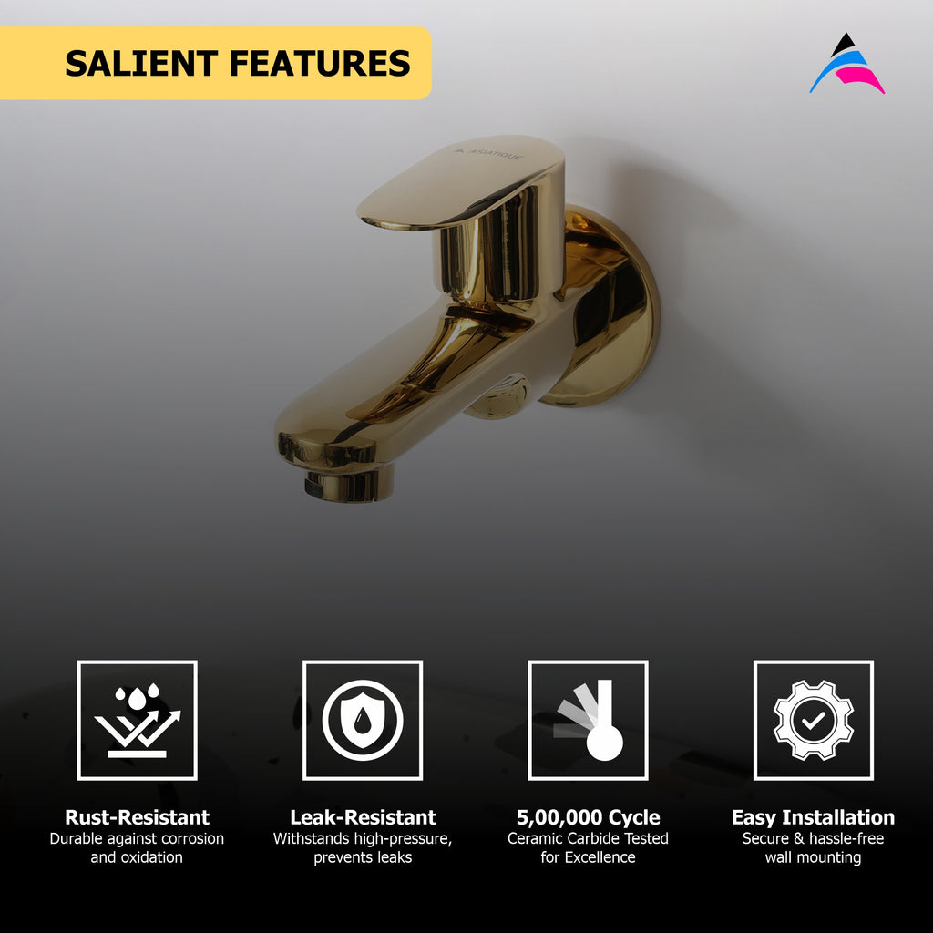 Asiatique Bib Cock Long Body With Wall Flange (OG-004), Gold Series Premium Brass Faucets – Gold Finish Bathroom & Kitchen Taps