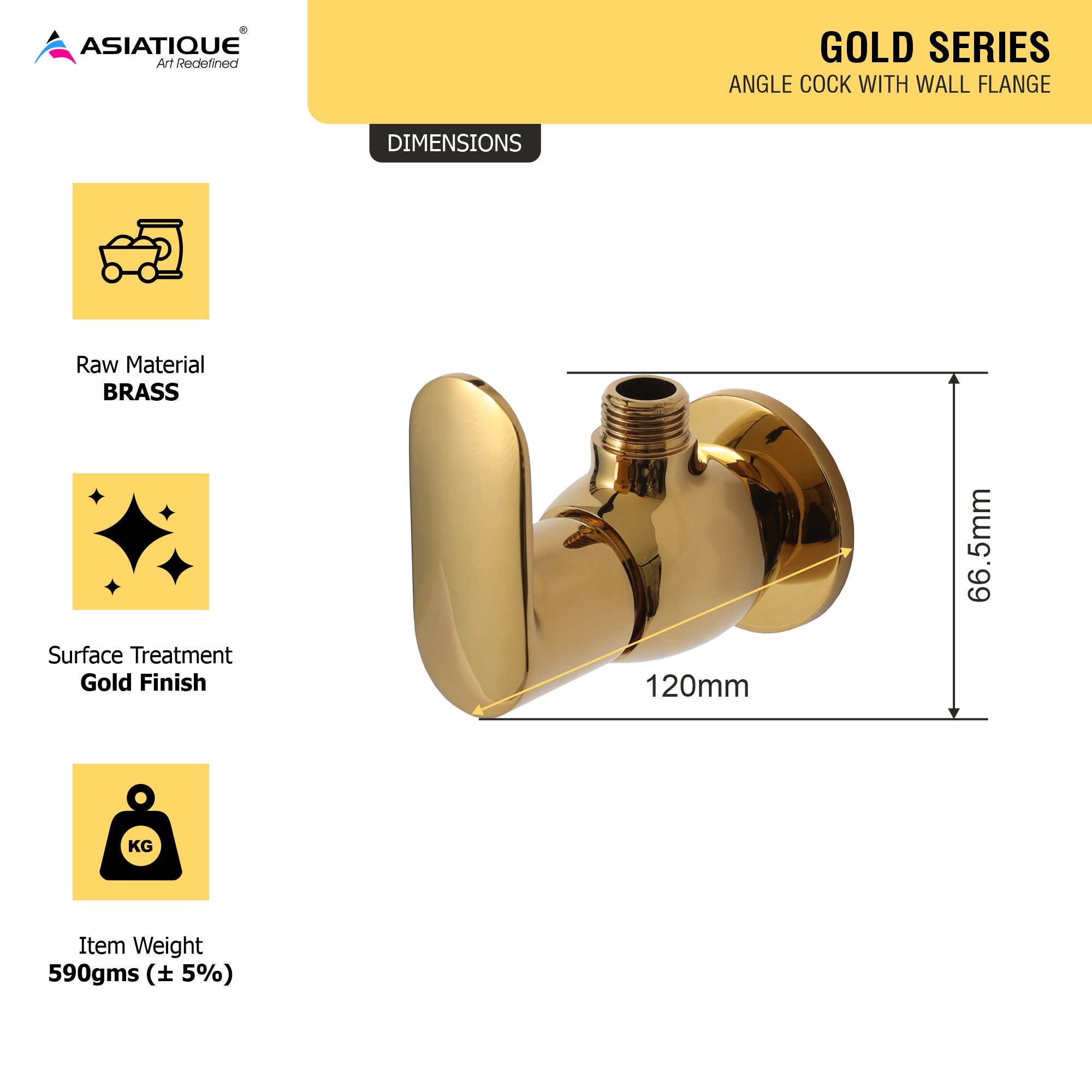 Asiatique Angle Cock With Wall Flange (OG-005), Gold Series Premium Brass Faucets – Gold Finish Bathroom & Kitchen Taps