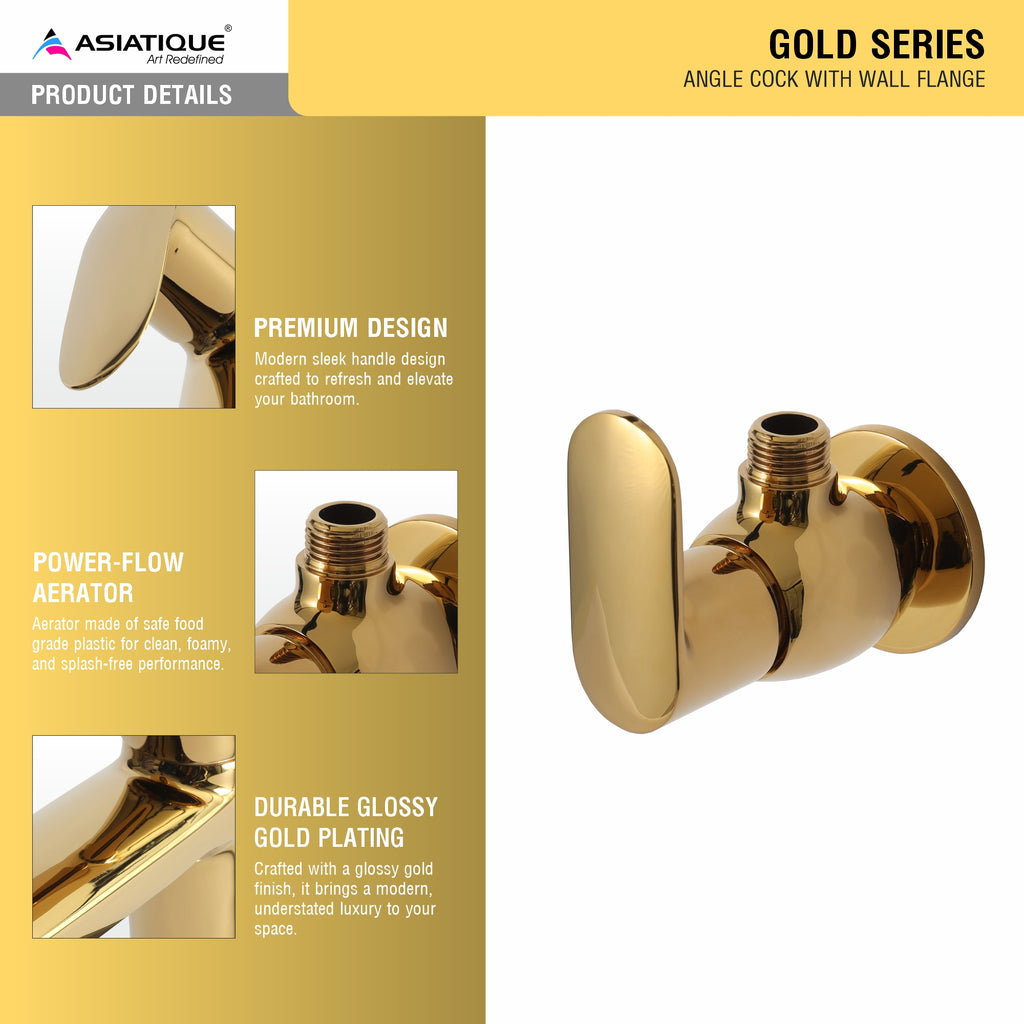 Asiatique Angle Cock With Wall Flange (OG-005), Gold Series Premium Brass Faucets – Gold Finish Bathroom & Kitchen Taps