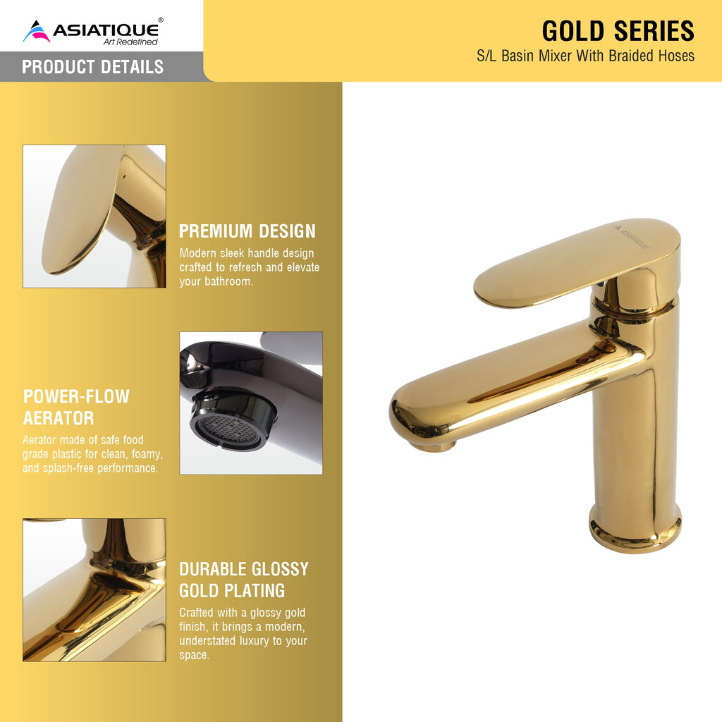 Asiatique S/L Basin Mixer With Braided Hoses (OG-009), Gold Series Premium Brass Faucets – Gold Finish Bathroom & Kitchen Taps