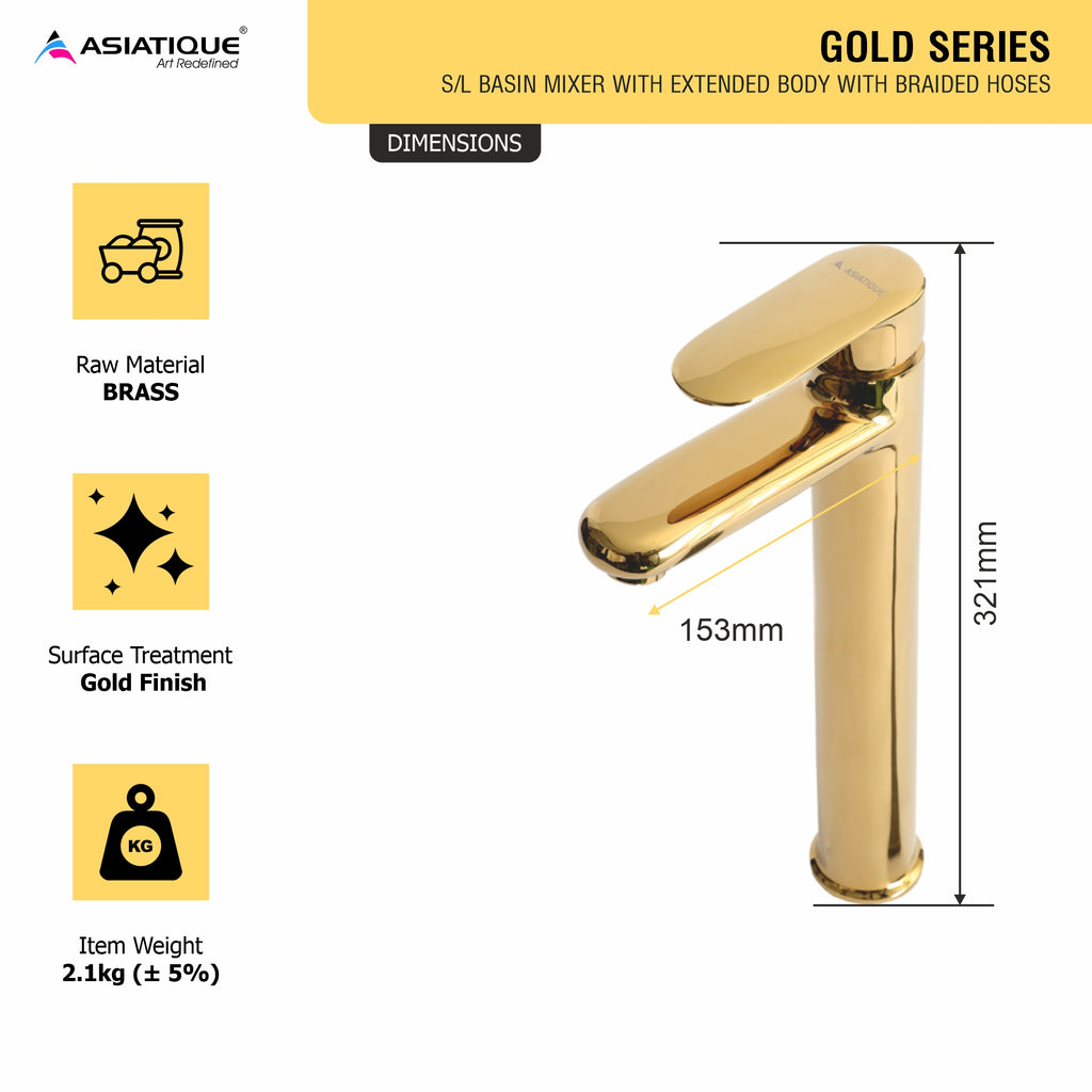 Asiatique S/L Basin Mixer With Extended Body With Braided Hoses (OG-009EX), Gold Series Premium Brass Faucets – Gold Finish Bathroom & Kitchen Taps