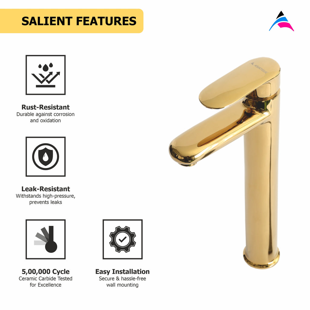Asiatique S/L Basin Mixer With Extended Body With Braided Hoses (OG-009EX), Gold Series Premium Brass Faucets – Gold Finish Bathroom & Kitchen Taps