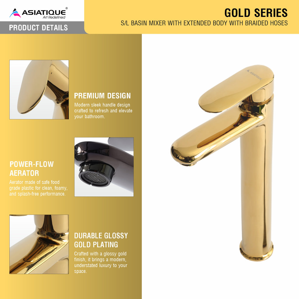 Asiatique S/L Basin Mixer With Extended Body With Braided Hoses (OG-009EX), Gold Series Premium Brass Faucets – Gold Finish Bathroom & Kitchen Taps