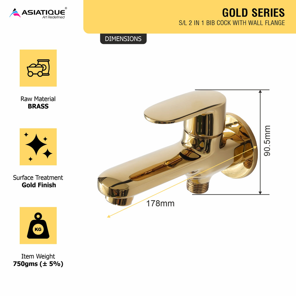 Asiatique S/L 2 in 1 Bib Cock With Wall Flange (OG-015 S/L), Gold Series Premium Brass Faucets – Gold Finish Bathroom & Kitchen Taps