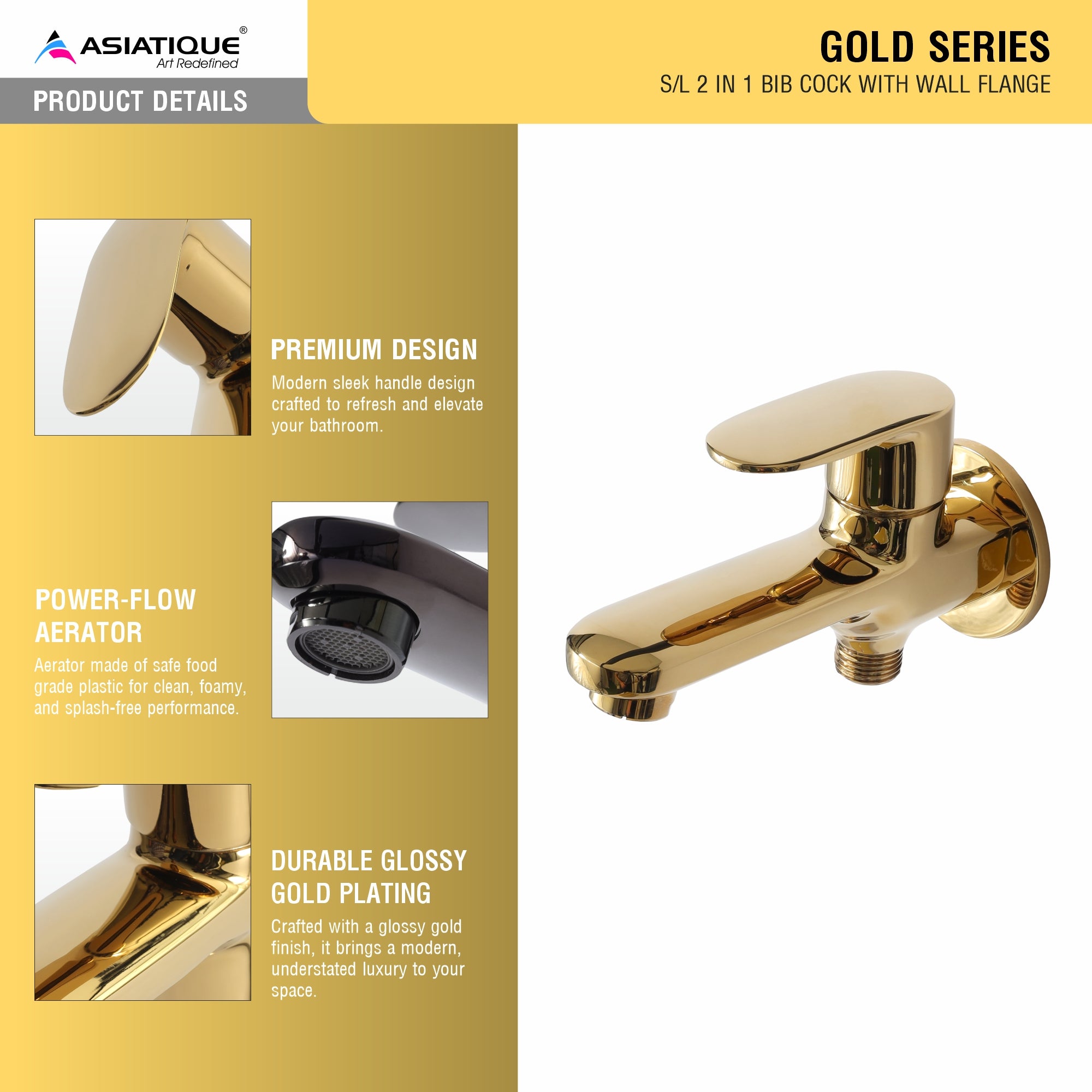 Asiatique S/L 2 in 1 Bib Cock With Wall Flange (OG-015 S/L), Gold Series Premium Brass Faucets – Gold Finish Bathroom & Kitchen Taps