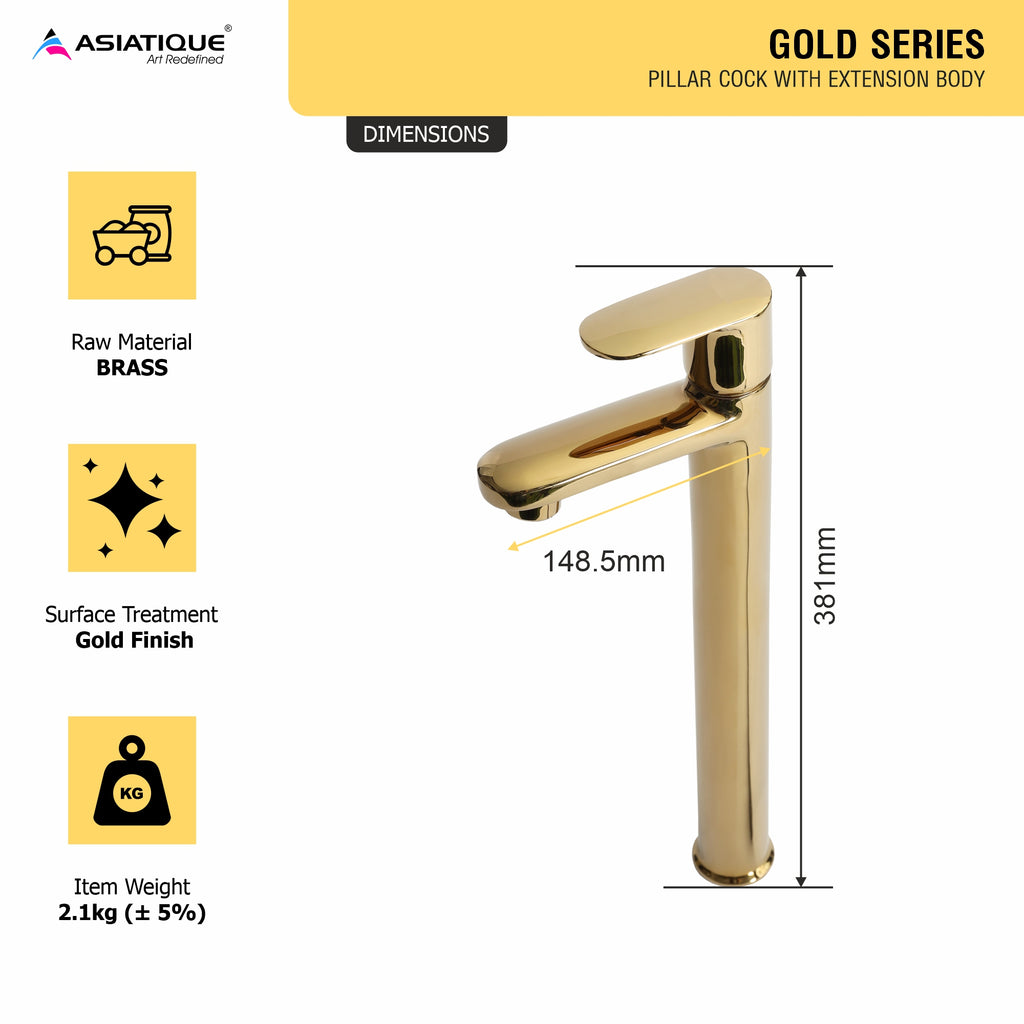 Asiatique Pillar Cock With Extension Body (OG-023), Gold Series Premium Brass Faucets – Gold Finish Bathroom & Kitchen Taps
