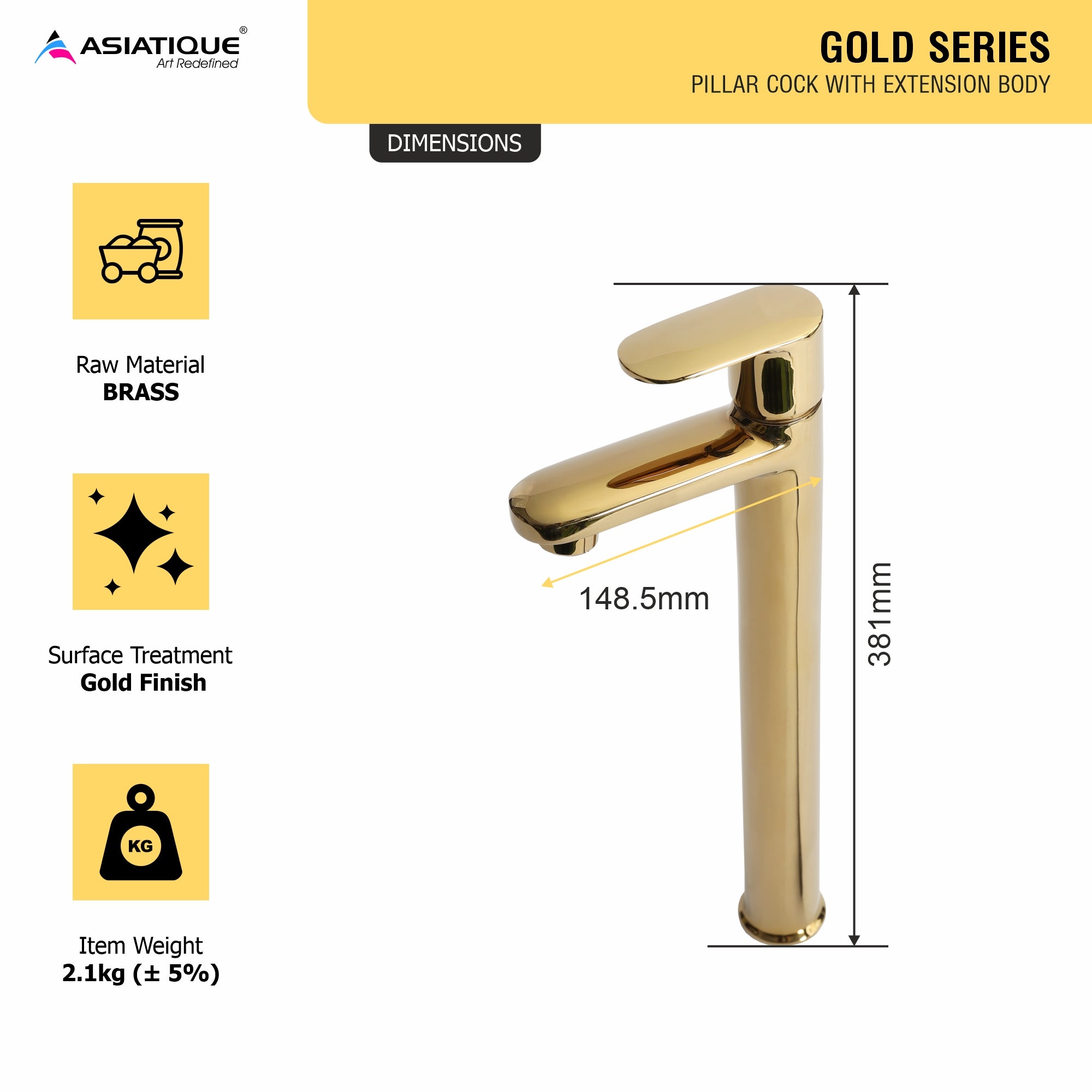 Asiatique Pillar Cock With Extension Body (OG-023), Gold Series Premium Brass Faucets – Gold Finish Bathroom & Kitchen Taps