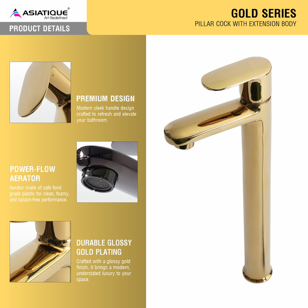 Asiatique Pillar Cock With Extension Body (OG-023), Gold Series Premium Brass Faucets – Gold Finish Bathroom & Kitchen Taps