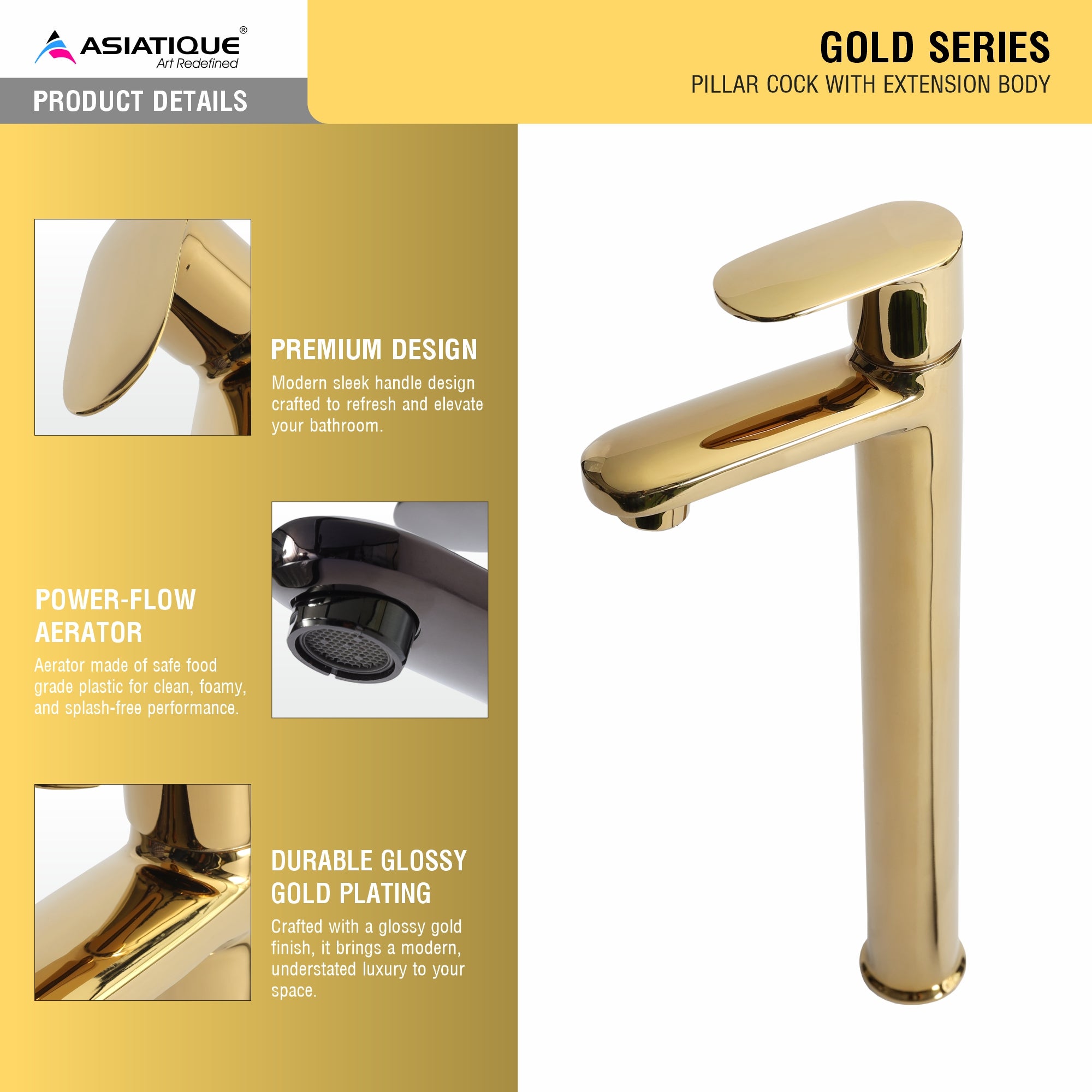 Asiatique Pillar Cock With Extension Body (OG-023), Gold Series Premium Brass Faucets – Gold Finish Bathroom & Kitchen Taps