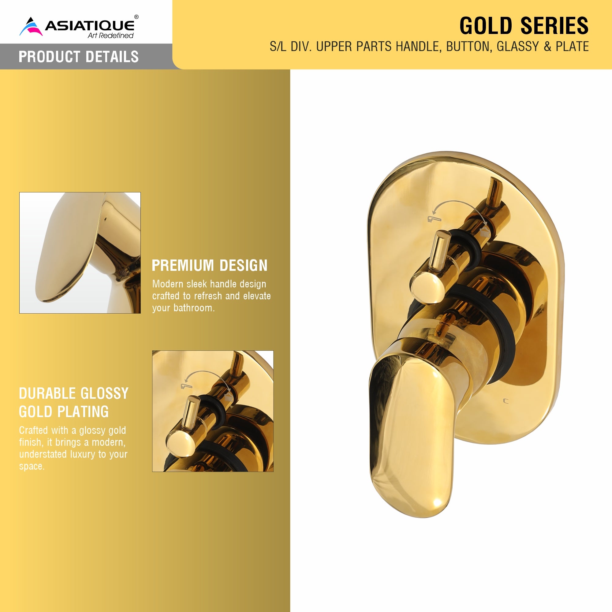 Asiatique S/L Div. Upper Parts Handle, Button, Glassy & Plate (OG-024), Gold Series Premium Brass Faucets – Gold Finish Bathroom & Kitchen Taps