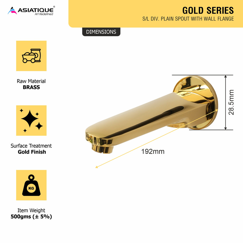 Asiatique S/L Div. Plain Spout With Wall Flange (OG-025), Gold Series Premium Brass Faucets – Gold Finish Bathroom & Kitchen Taps